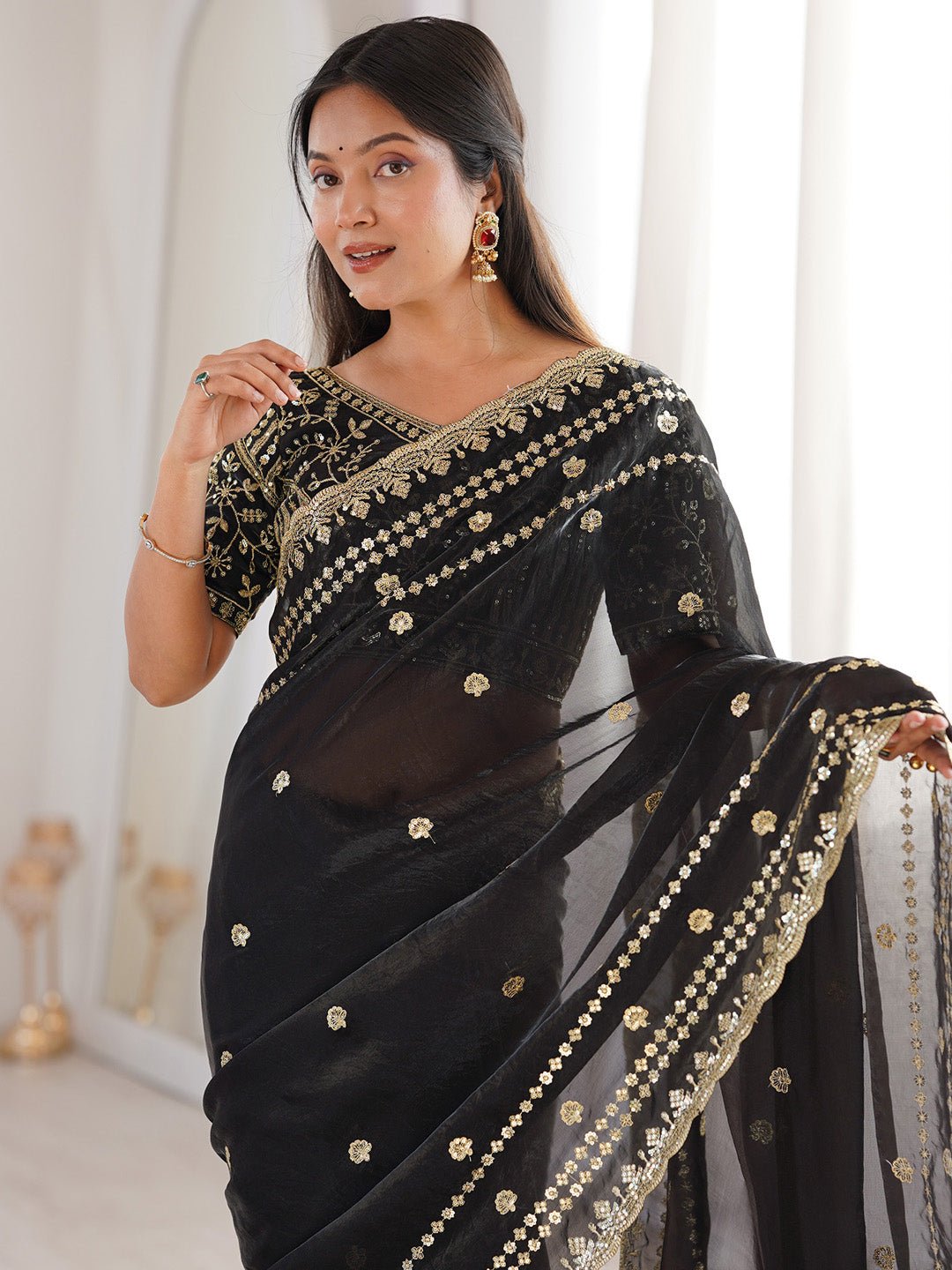 Black Satin Emblished Party Wear Saree - Ressa