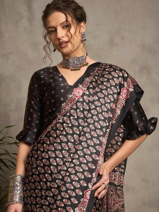 Black Satin Kalamkari Inspired Print Saree - Ressa