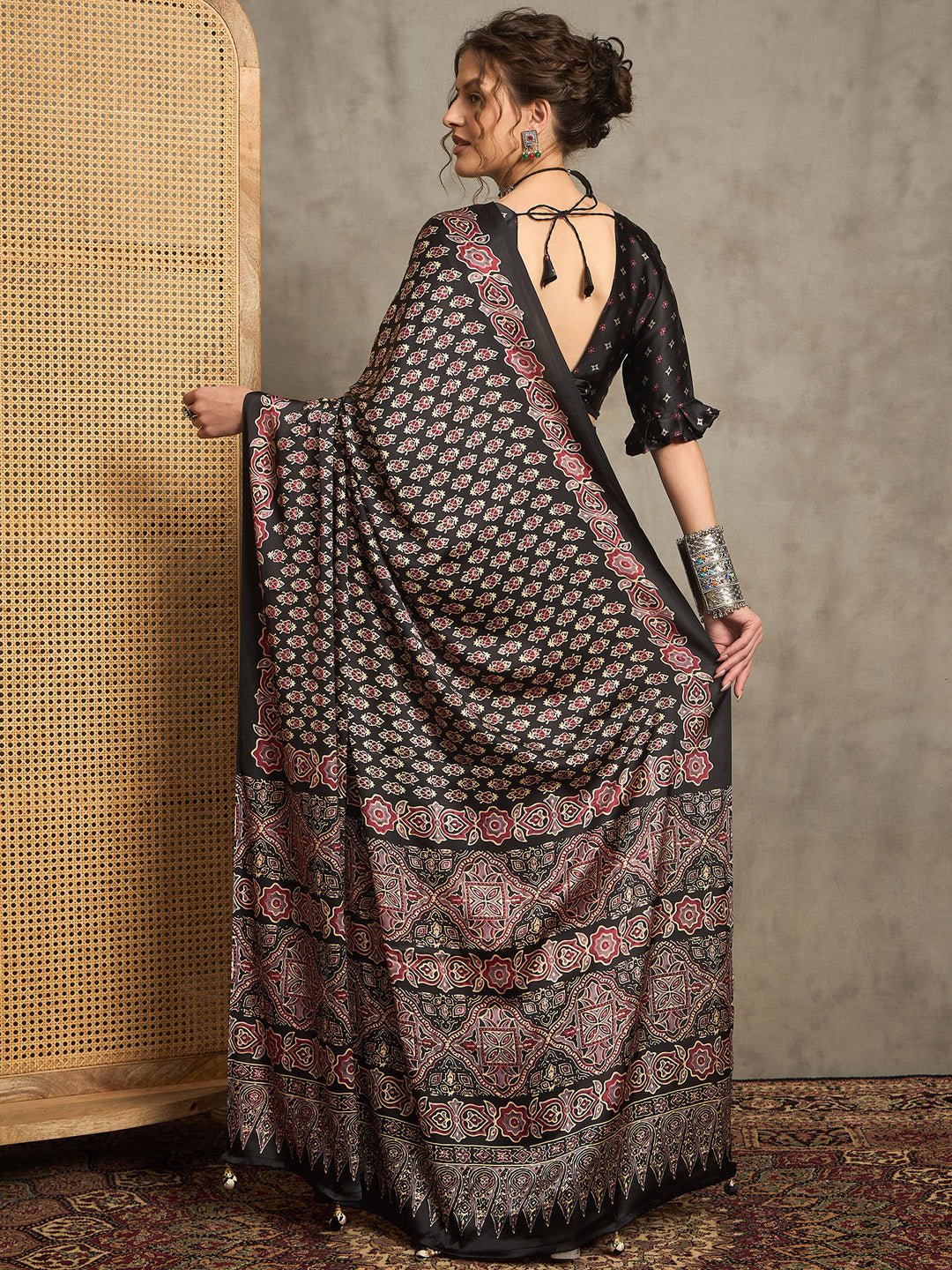 Black Satin Kalamkari Inspired Print Saree - Ressa
