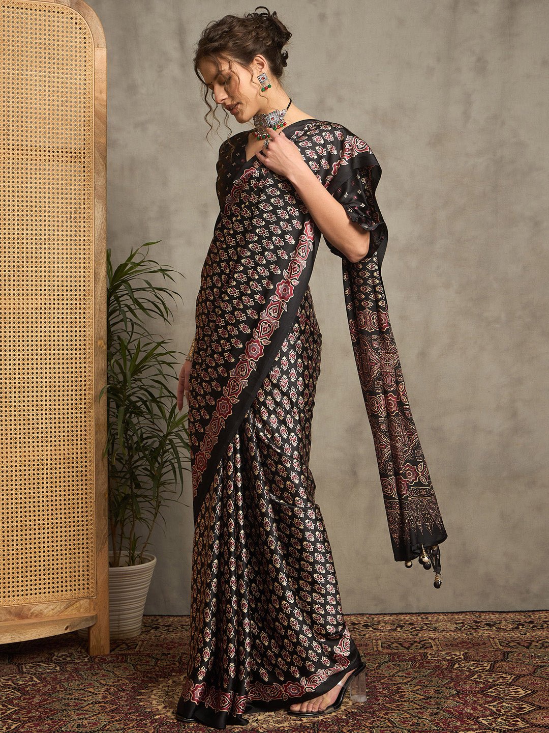 Black Satin Kalamkari Inspired Print Saree - Ressa