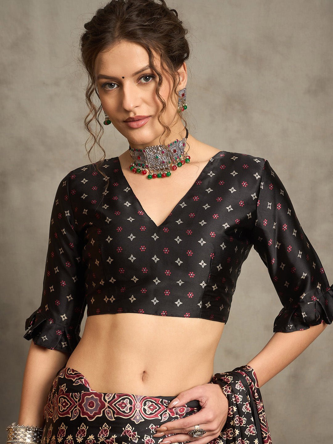 Black Satin Kalamkari Inspired Print Saree - Ressa