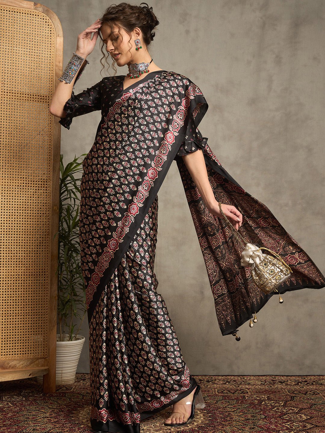 Black Satin Kalamkari Inspired Print Saree - Ressa