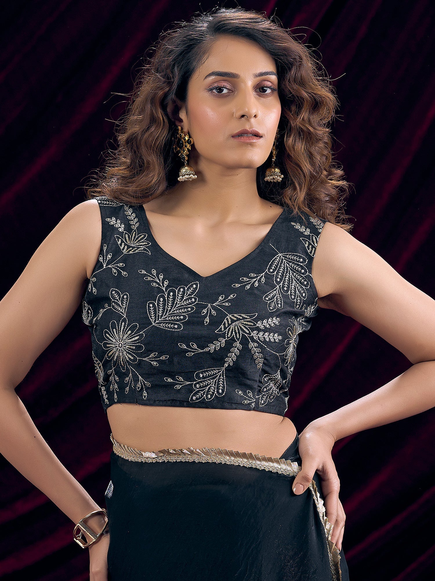 Black Satin Saree with Embroidered Blouse - Ressa