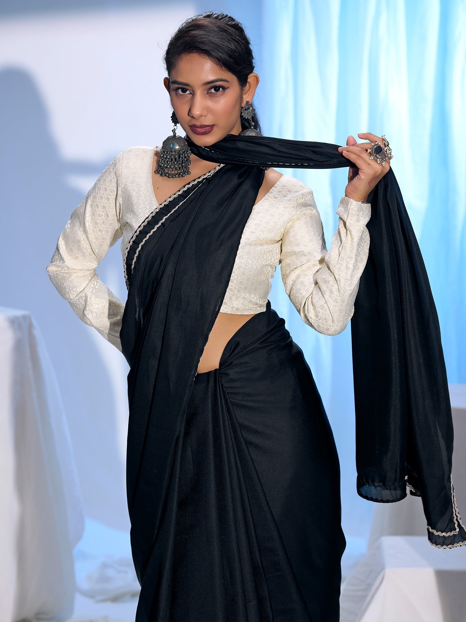 Black Satin Saree with Silver Lace Border & Embroidered Blouse - Ressa