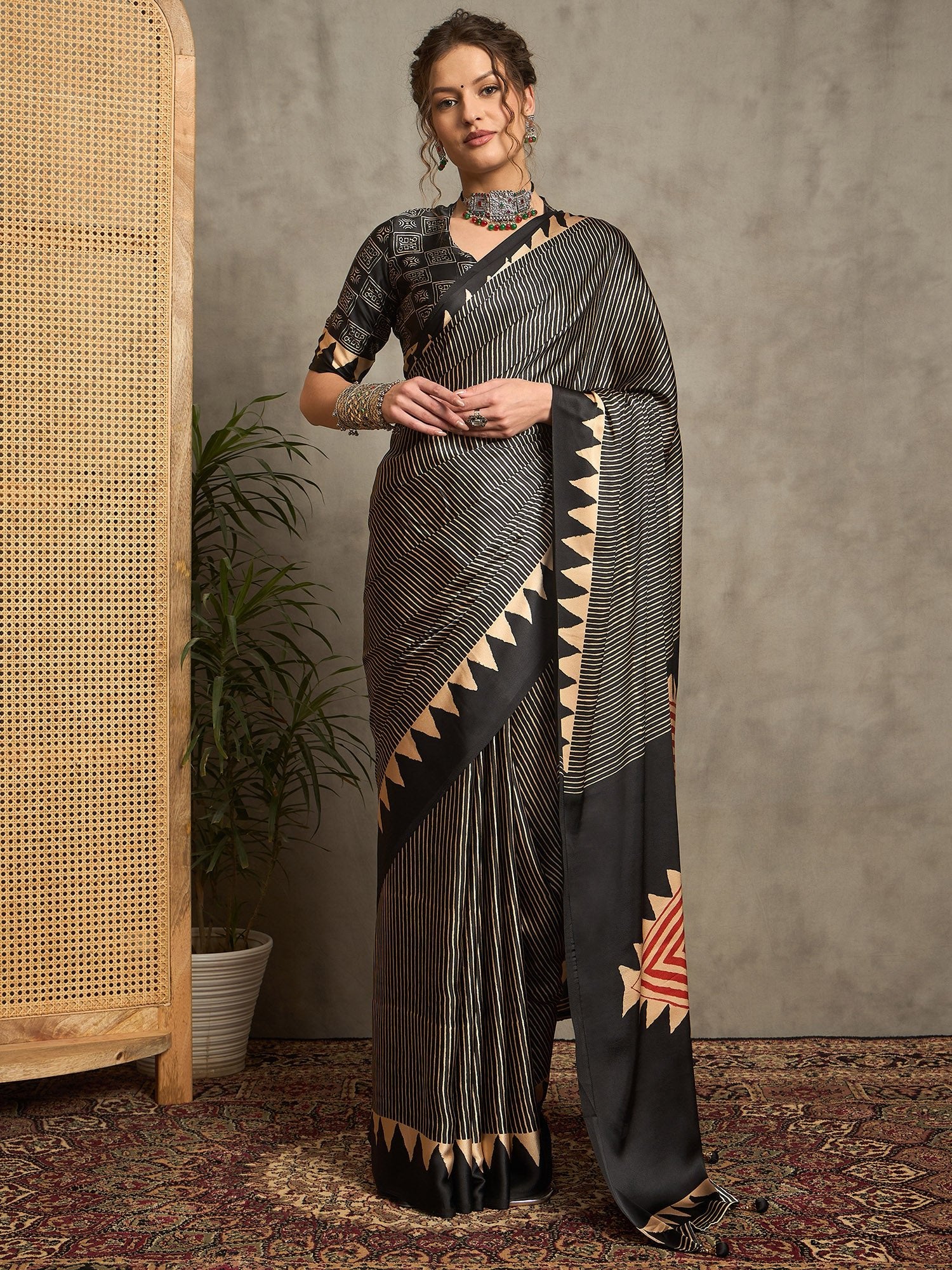 Black Satin Silk Ajrakh Printed Saree - Ressa