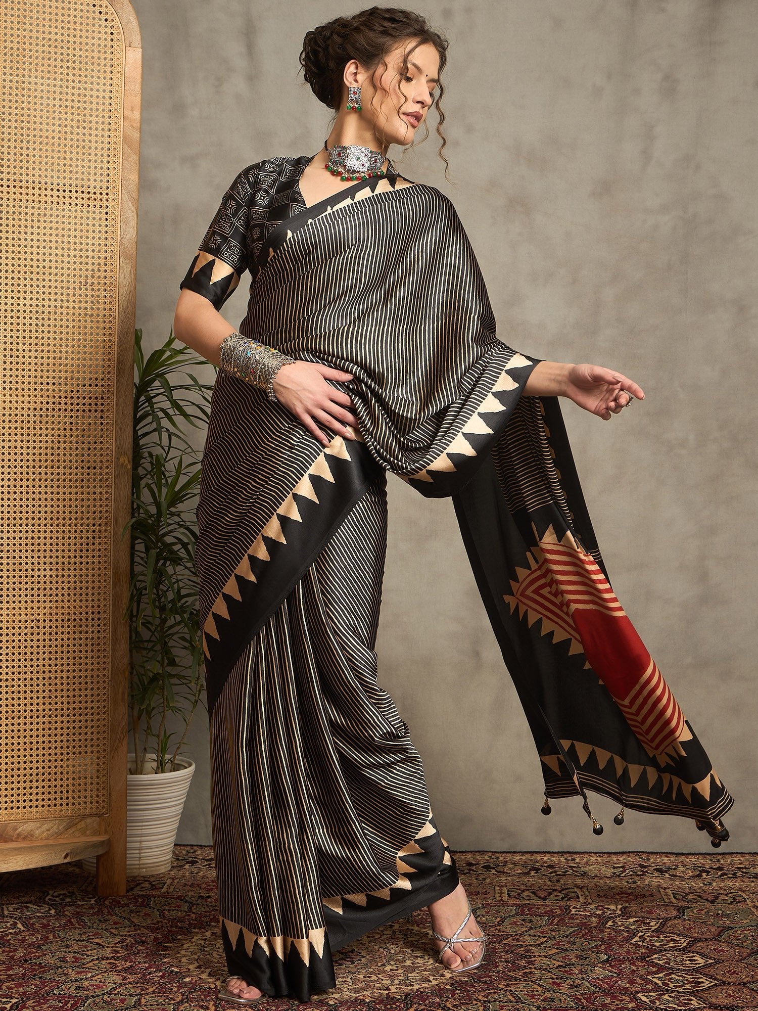 Black Satin Silk Ajrakh Printed Saree - Ressa