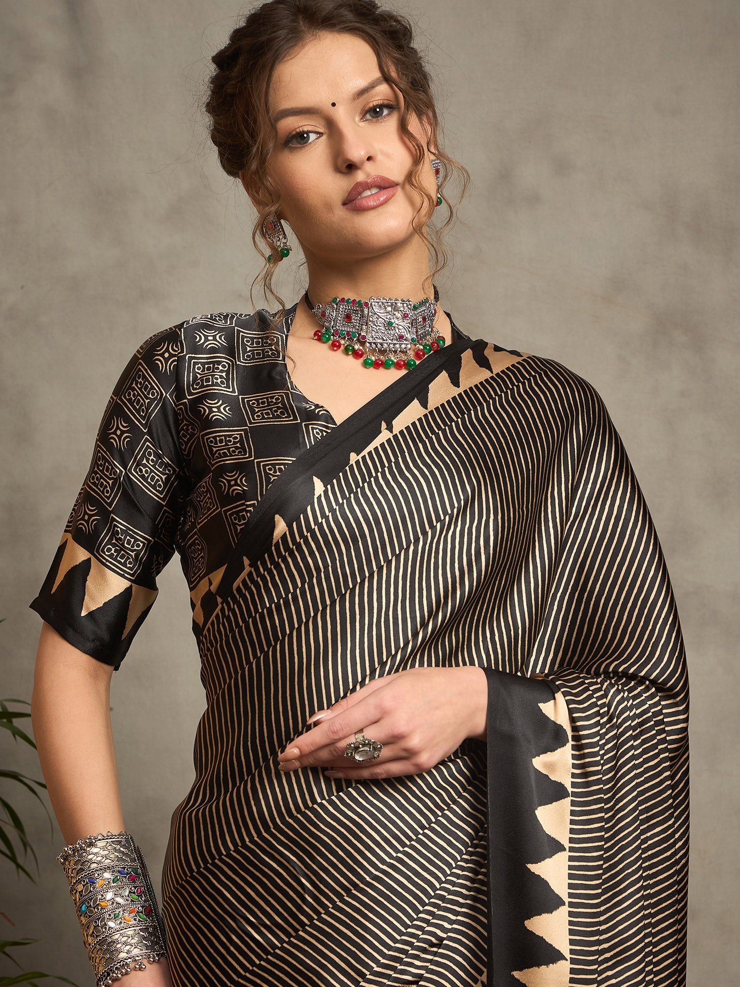 Black Satin Silk Ajrakh Printed Saree - Ressa