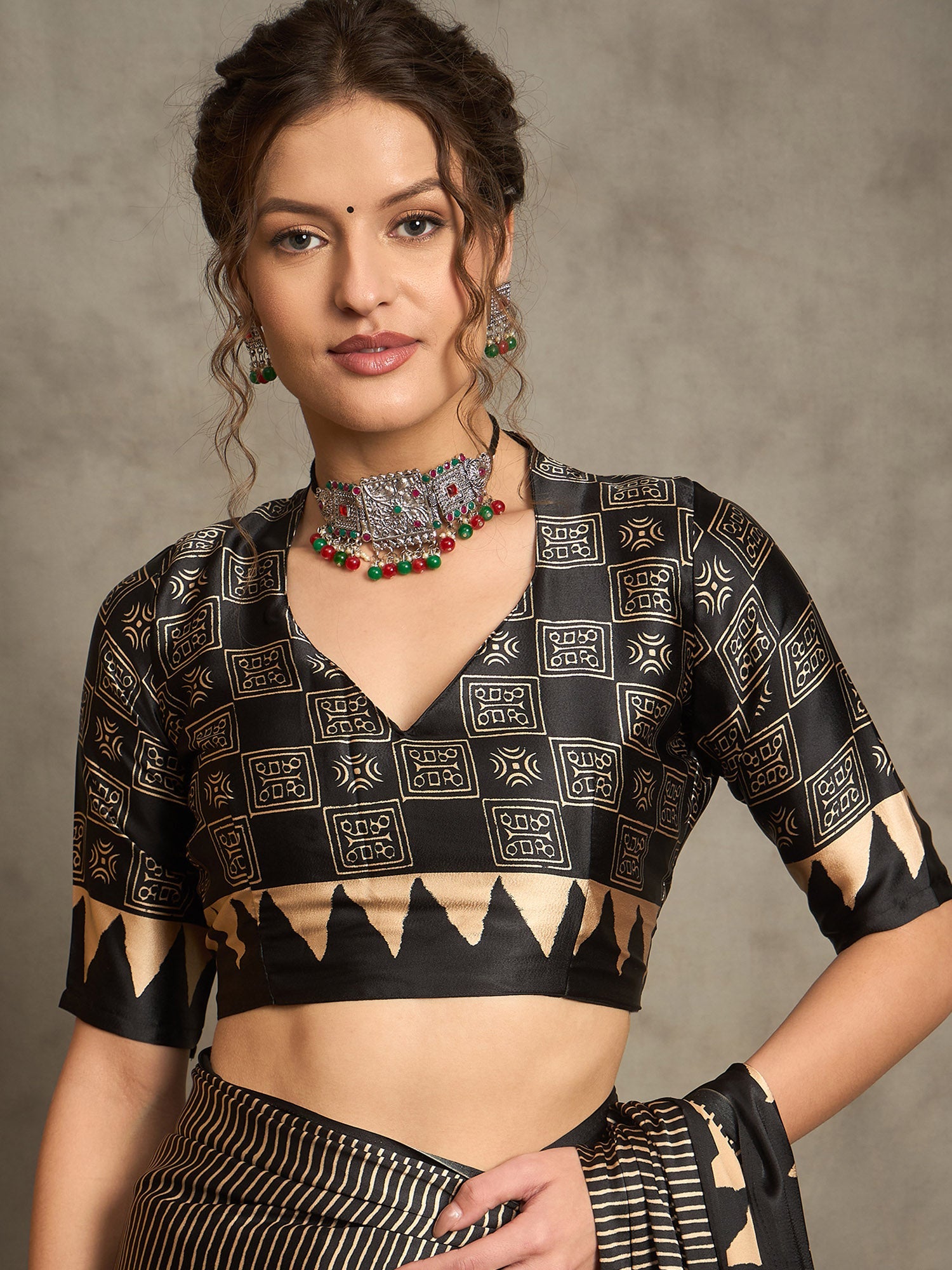 Black Satin Silk Ajrakh Printed Saree - Ressa