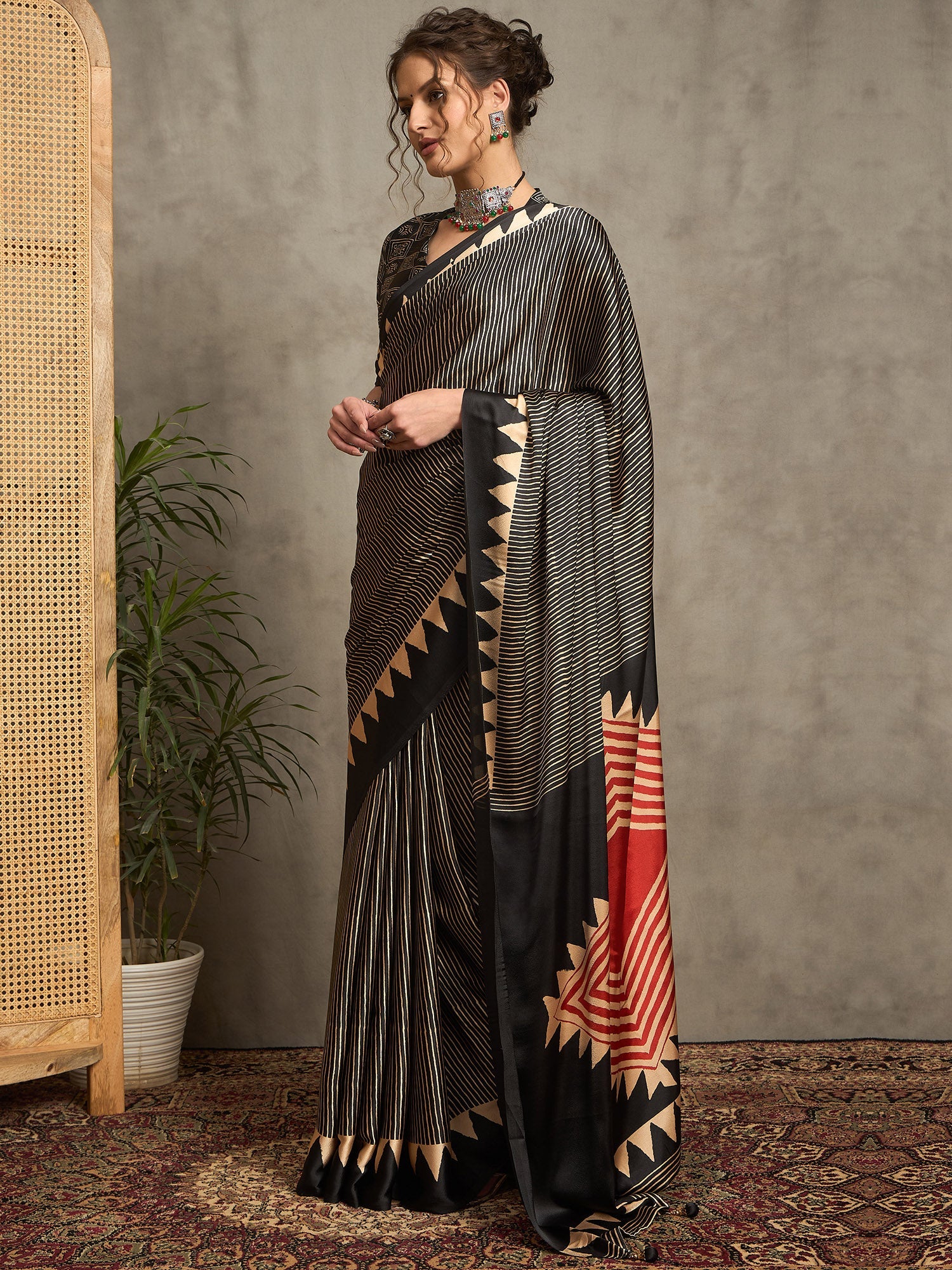Black Satin Silk Ajrakh Printed Saree - Ressa