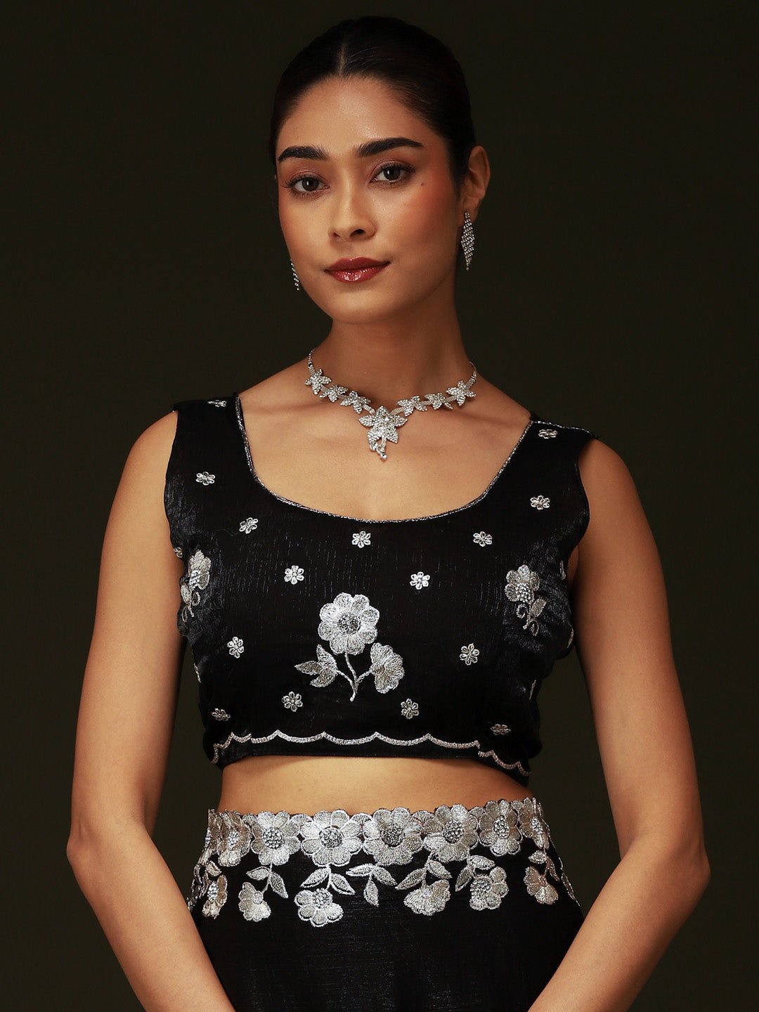 Black Satin Silver Floral Sequin Border Saree - Ressa