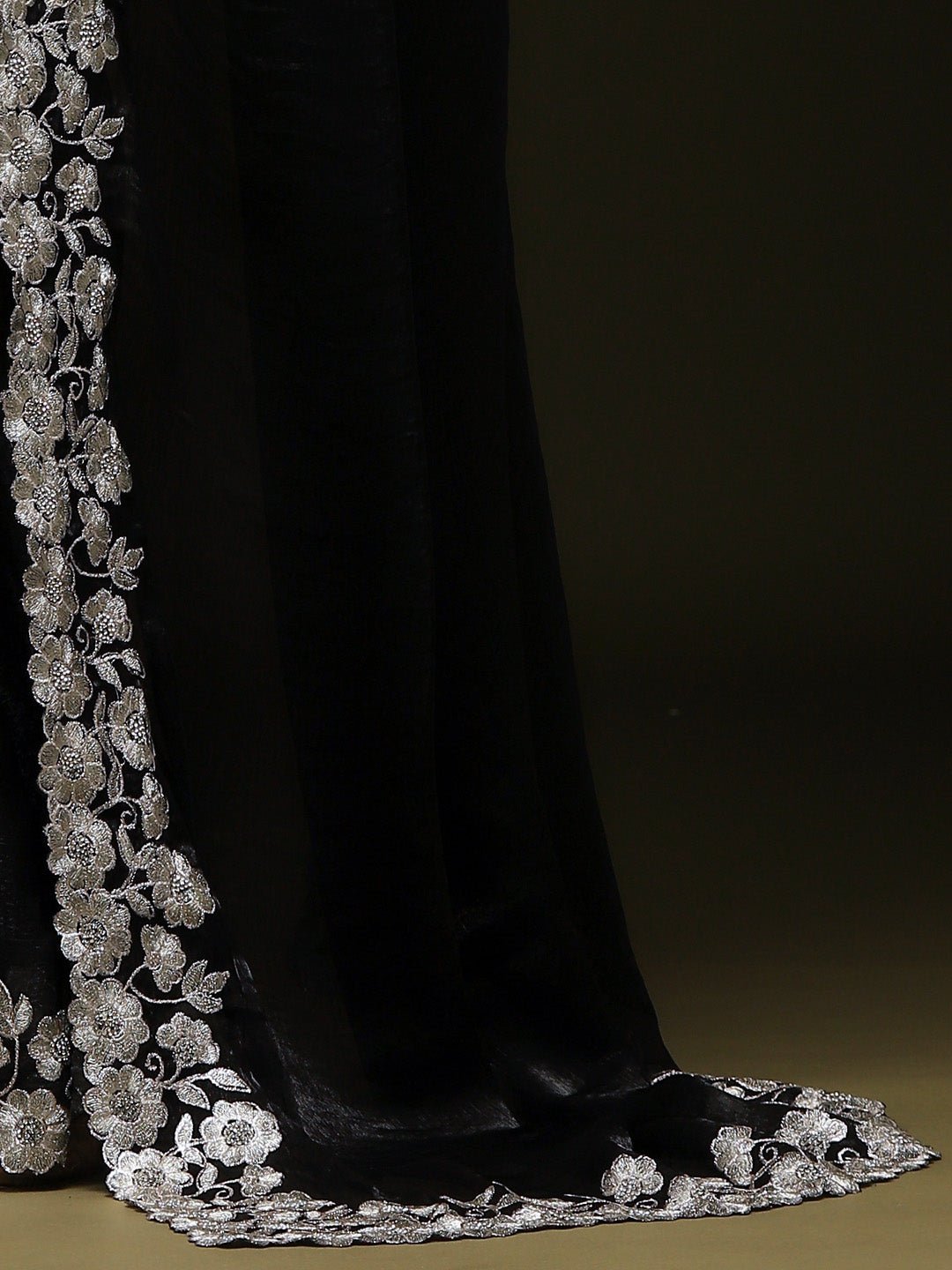Black Satin Silver Floral Sequin Border Saree - Ressa