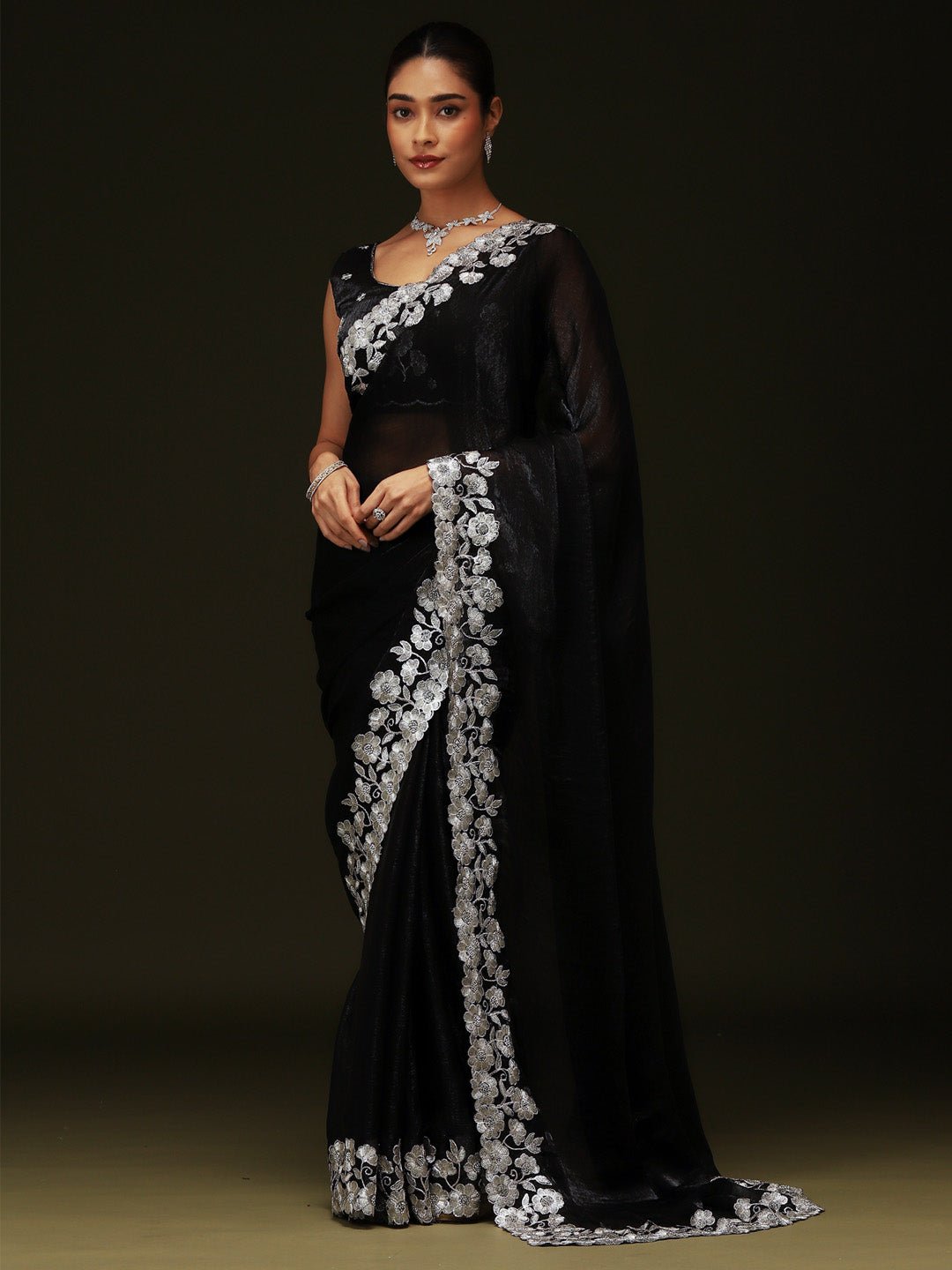 Black Satin Silver Floral Sequin Border Saree - Ressa