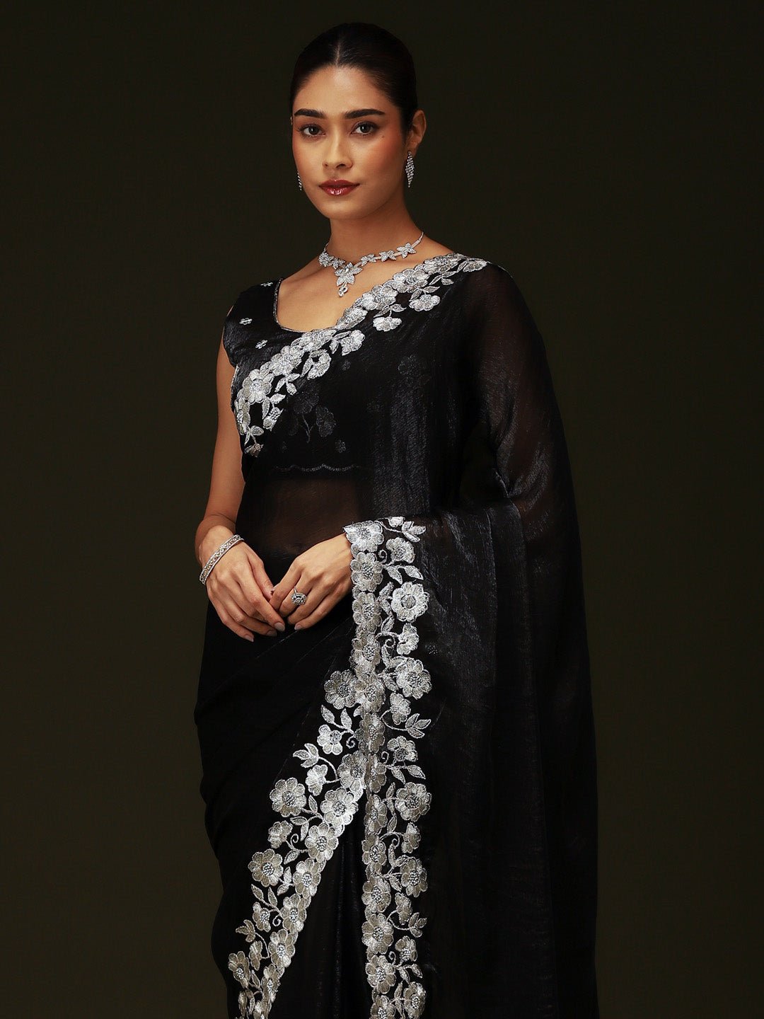 Black Satin Silver Floral Sequin Border Saree - Ressa