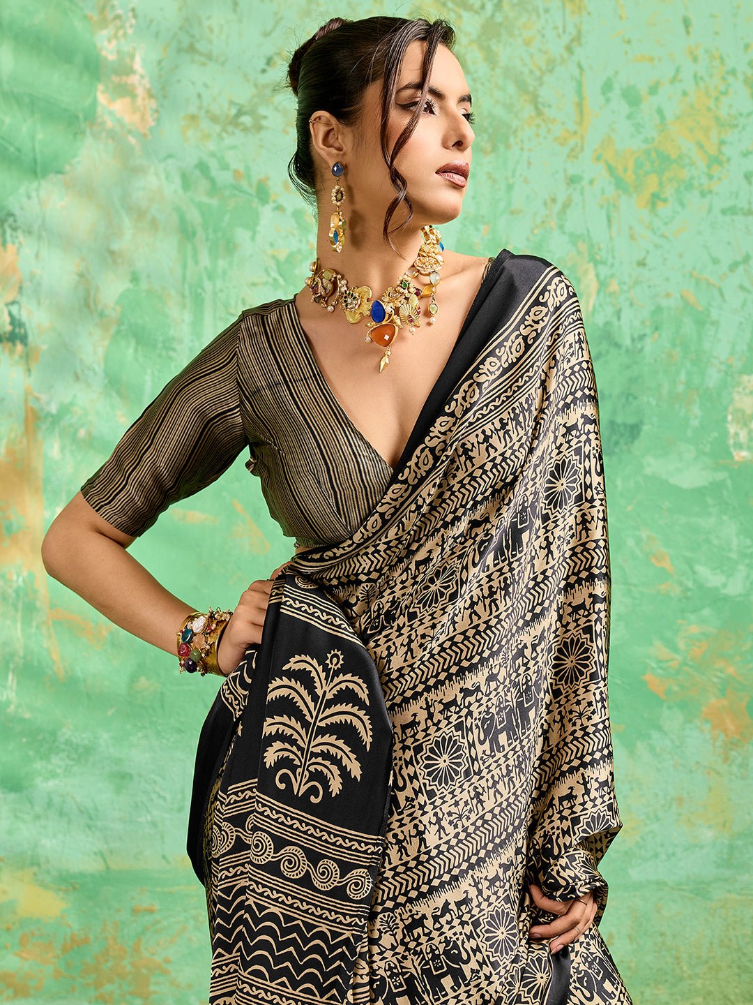 Black Satin Tribal Printed Saree - Ressa