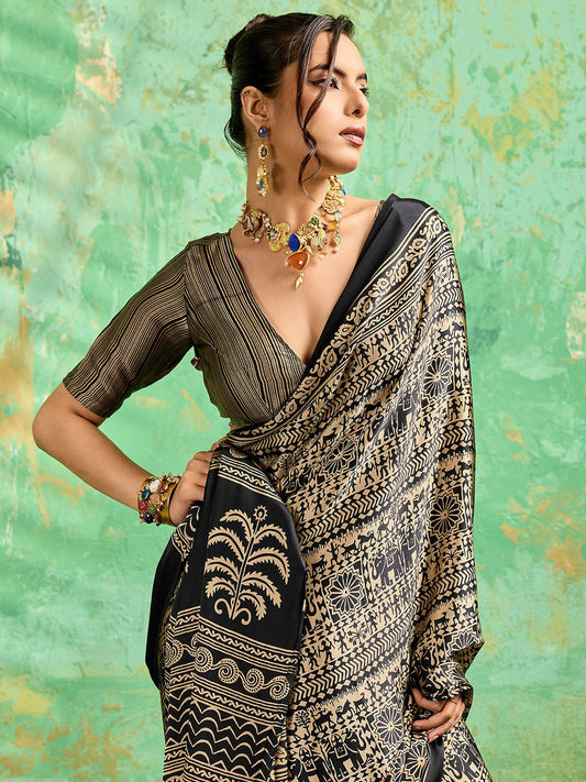 Black Satin Tribal Printed Saree - Ressa