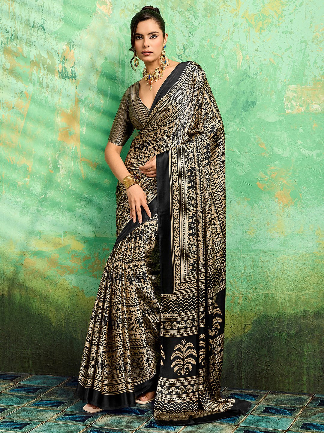 Black Satin Tribal Printed Saree - Ressa
