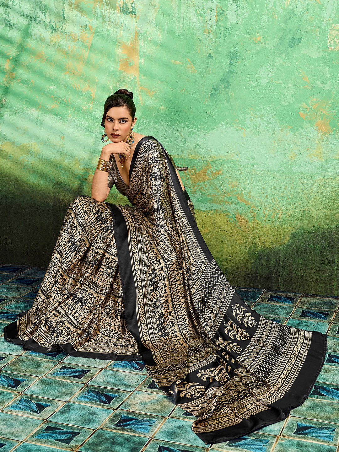 Black Satin Tribal Printed Saree - Ressa