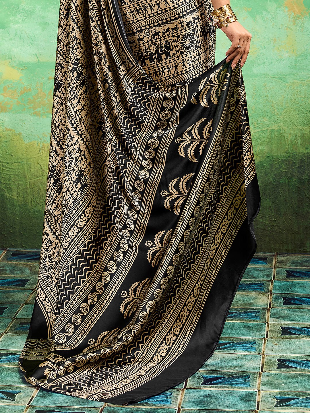 Black Satin Tribal Printed Saree - Ressa