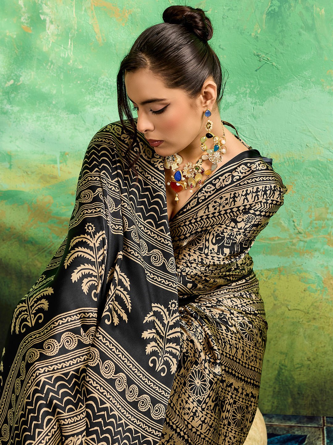 Black Satin Tribal Printed Saree - Ressa
