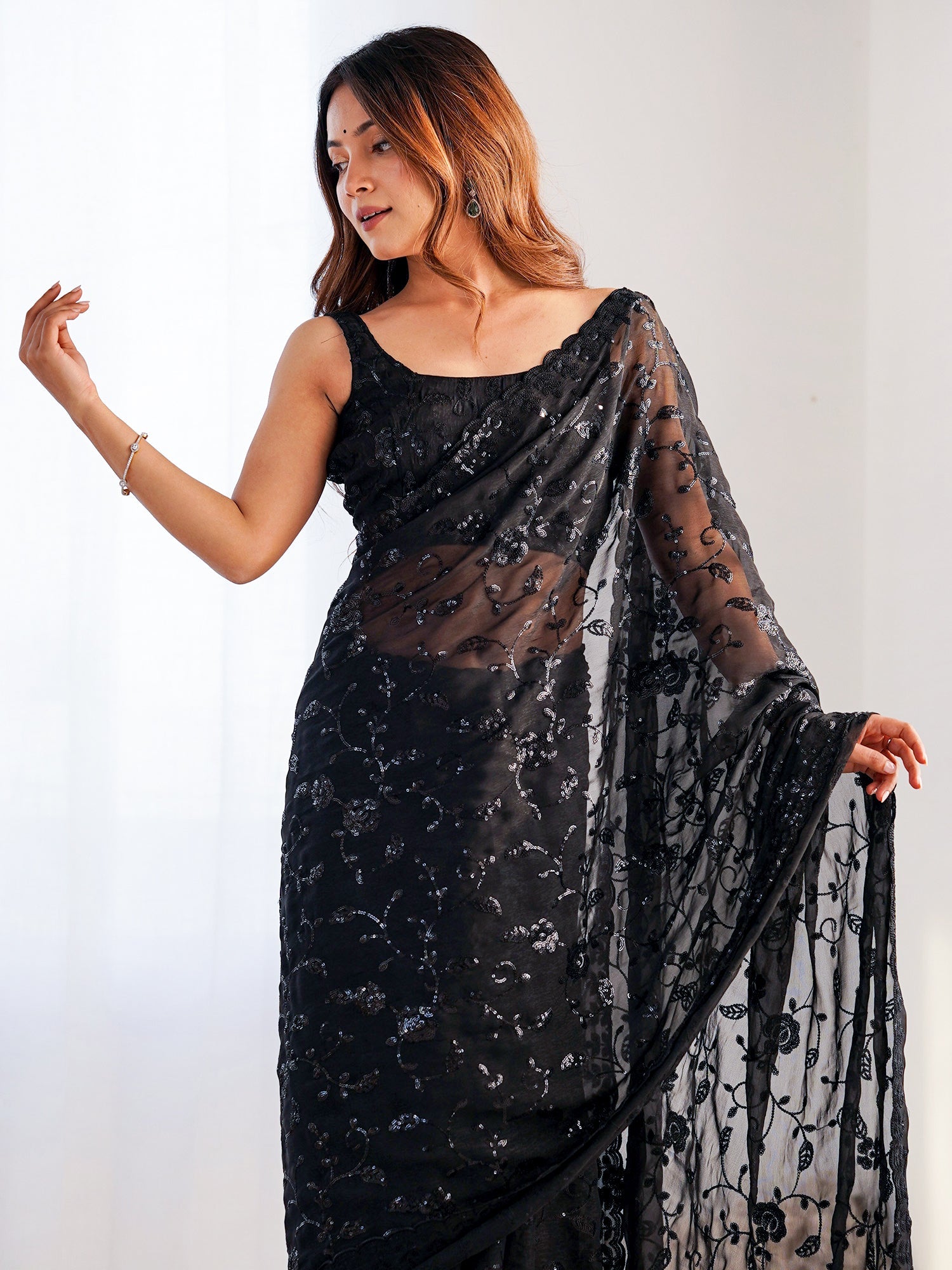 Black Sequin Embroidered Georgette Saree - Ressa