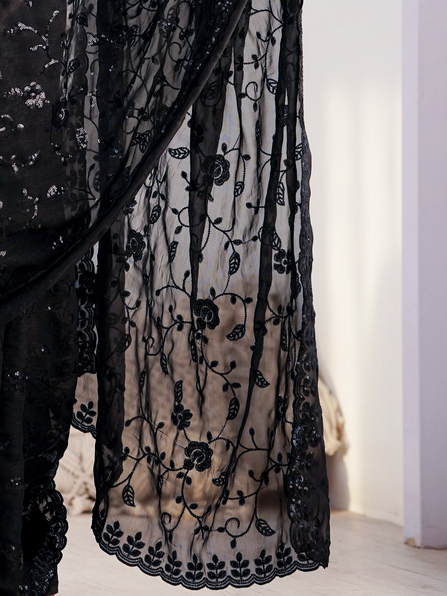 Black Sequin Embroidered Georgette Saree - Ressa