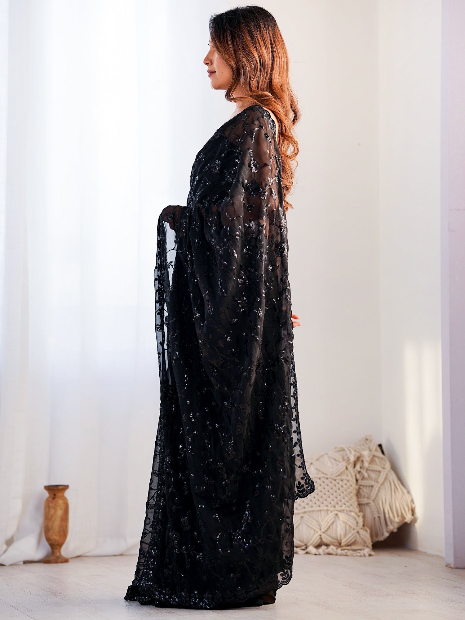 Black Sequin Embroidered Georgette Saree - Ressa