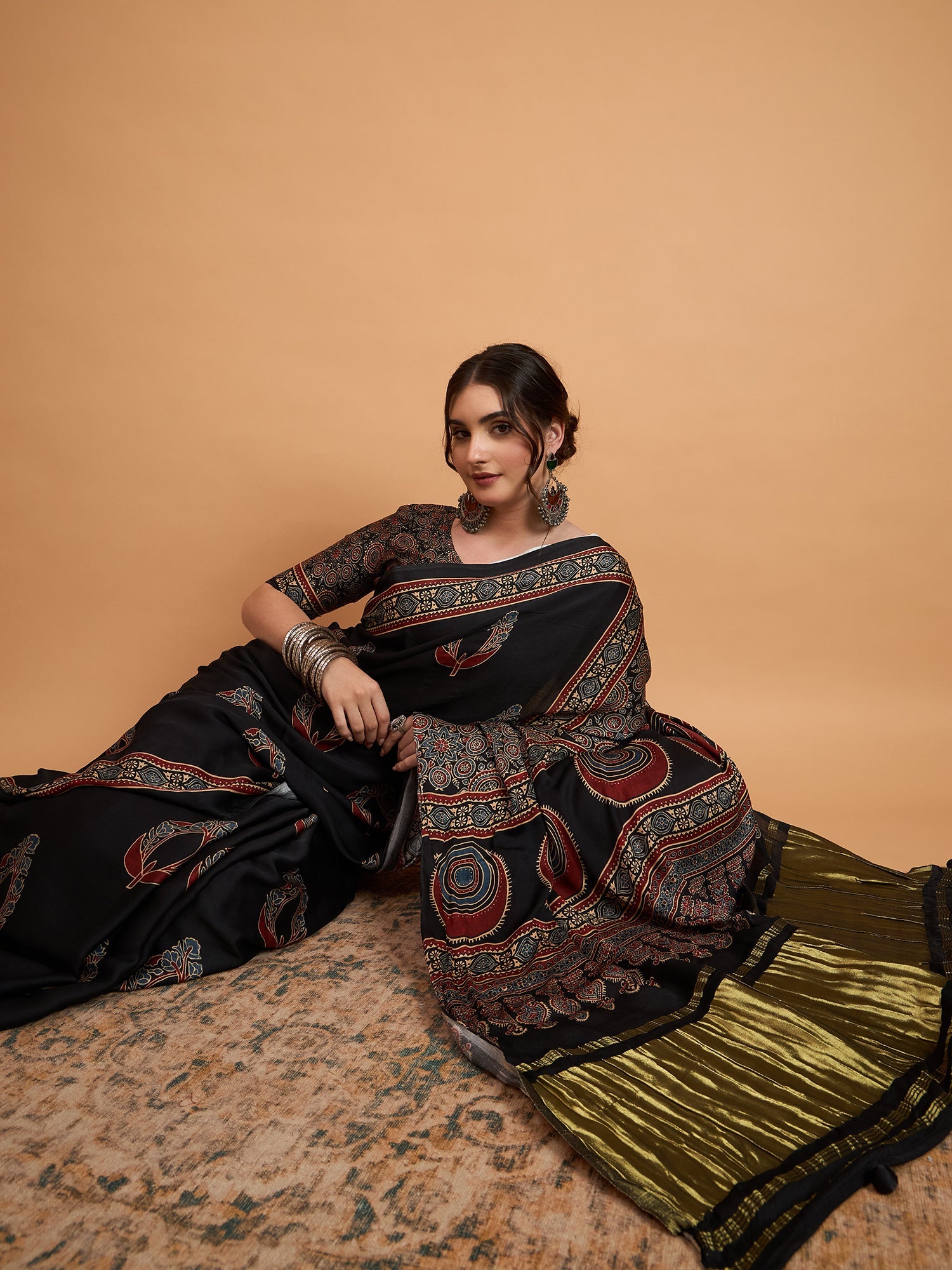 Black Silk Blend Ajrakh Heritage Print Saree - Ressa