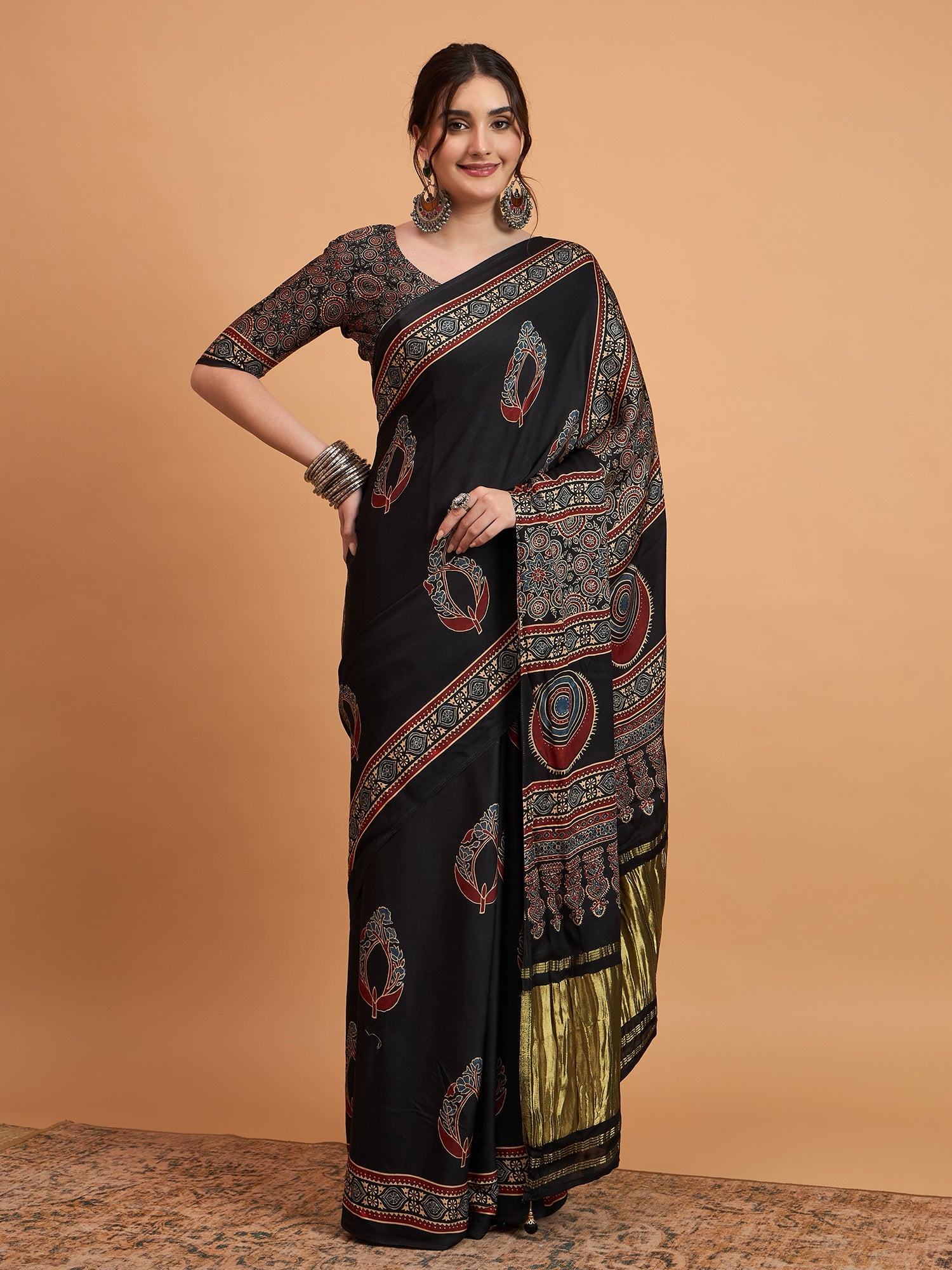 Black Silk Blend Ajrakh Heritage Print Saree - Ressa