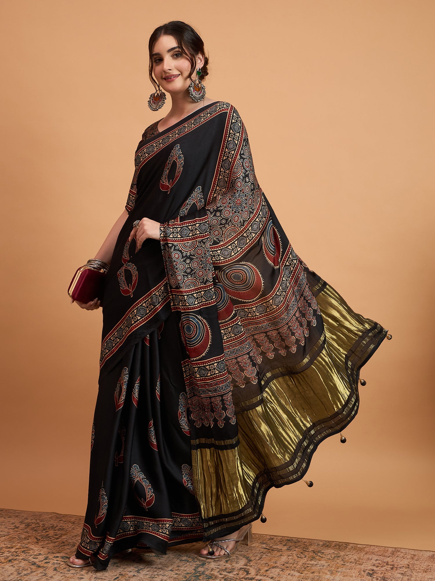 Black Silk Blend Ajrakh Heritage Print Saree - Ressa