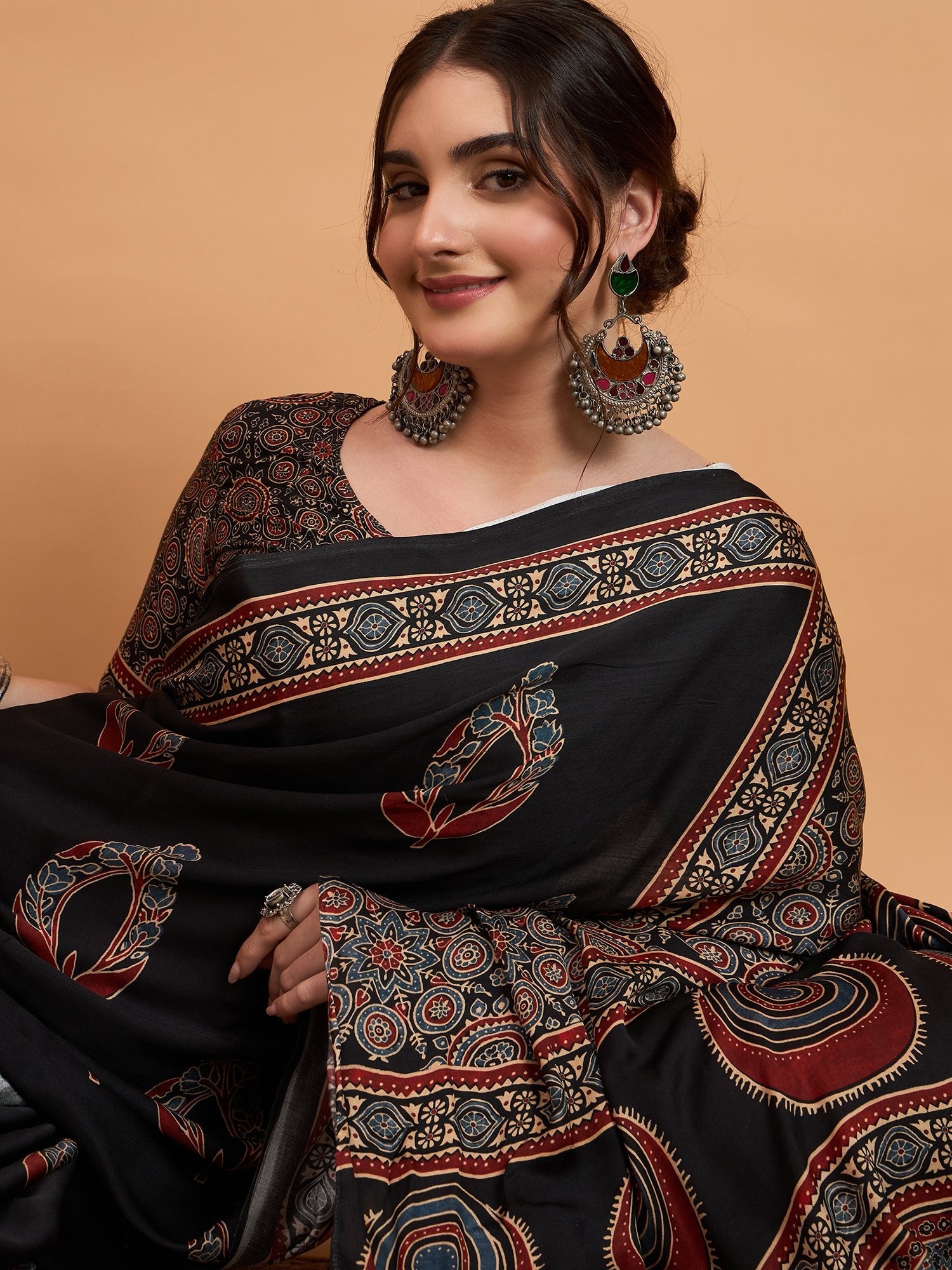 Black Silk Blend Ajrakh Heritage Print Saree - Ressa