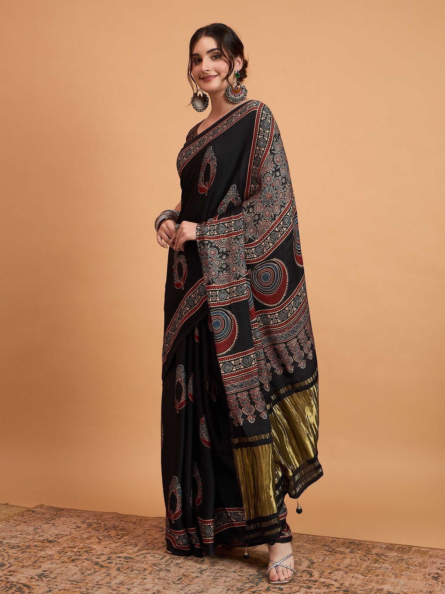 Black Silk Blend Ajrakh Heritage Print Saree - Ressa