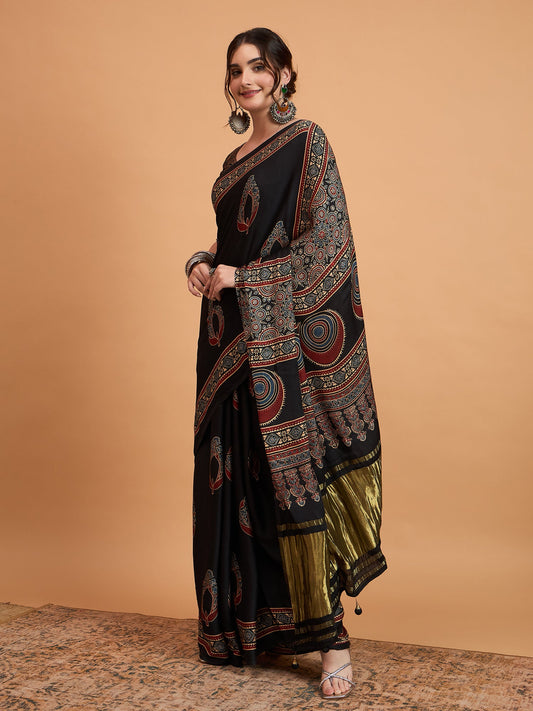 Black Silk Blend Ajrakh Heritage Print Saree - Ressa