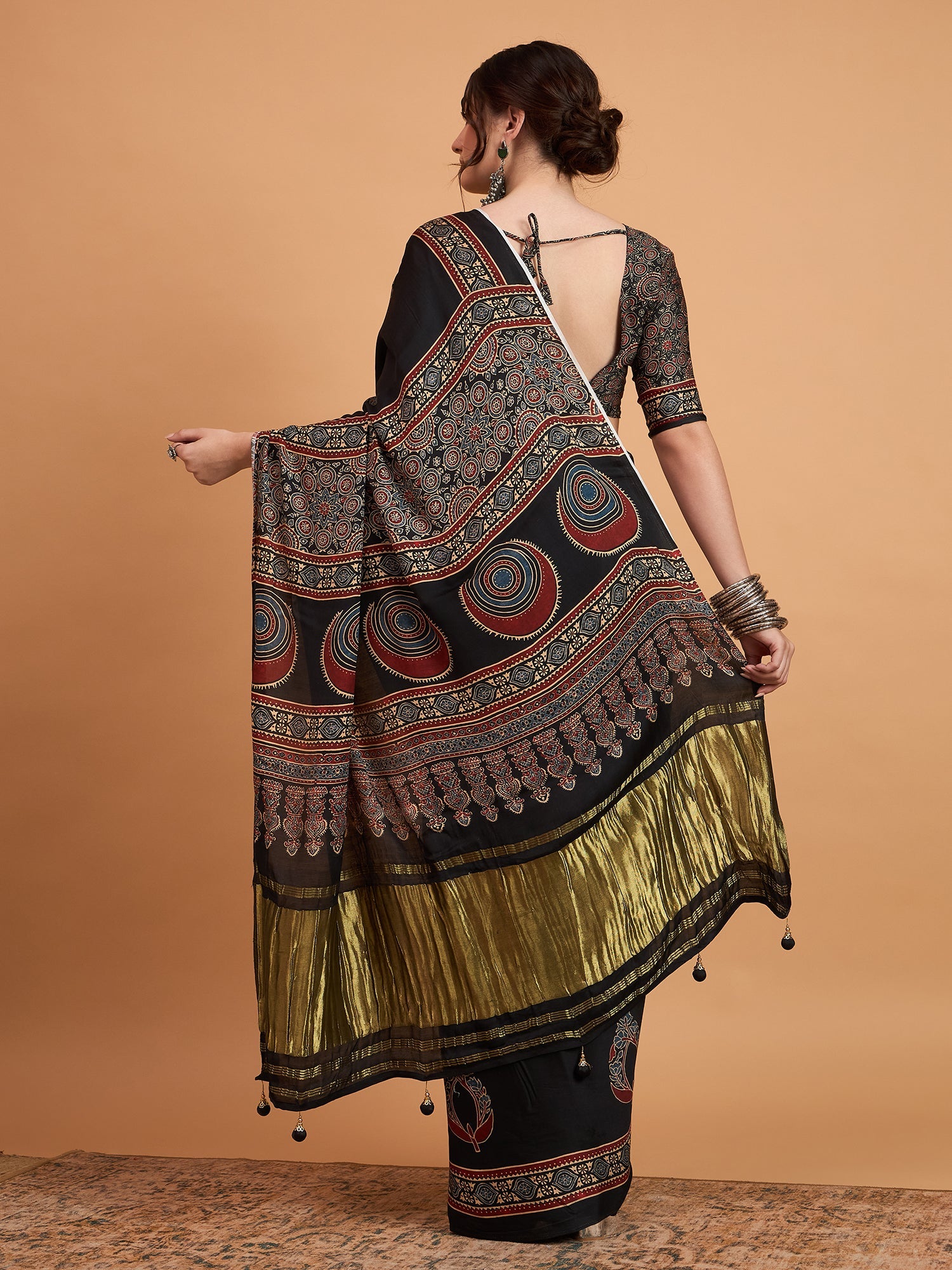 Black Silk Blend Ajrakh Heritage Print Saree - Ressa