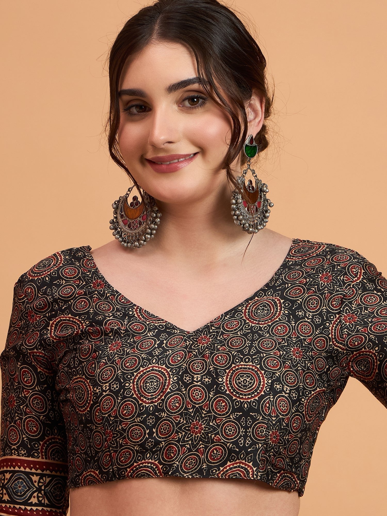 Black Silk Blend Ajrakh Heritage Print Saree - Ressa