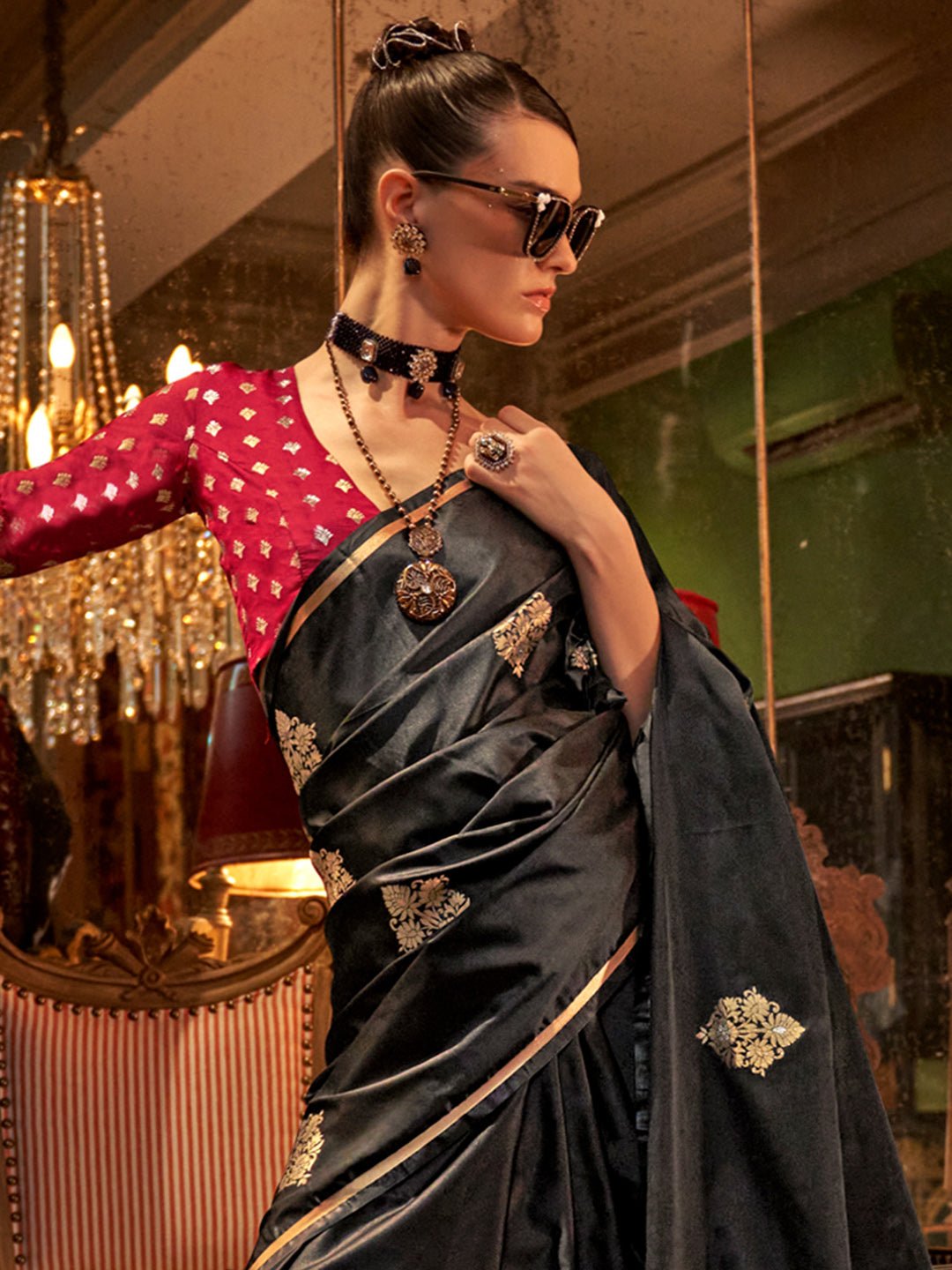 Black Silk Blend Banarasi Saree - Ressa
