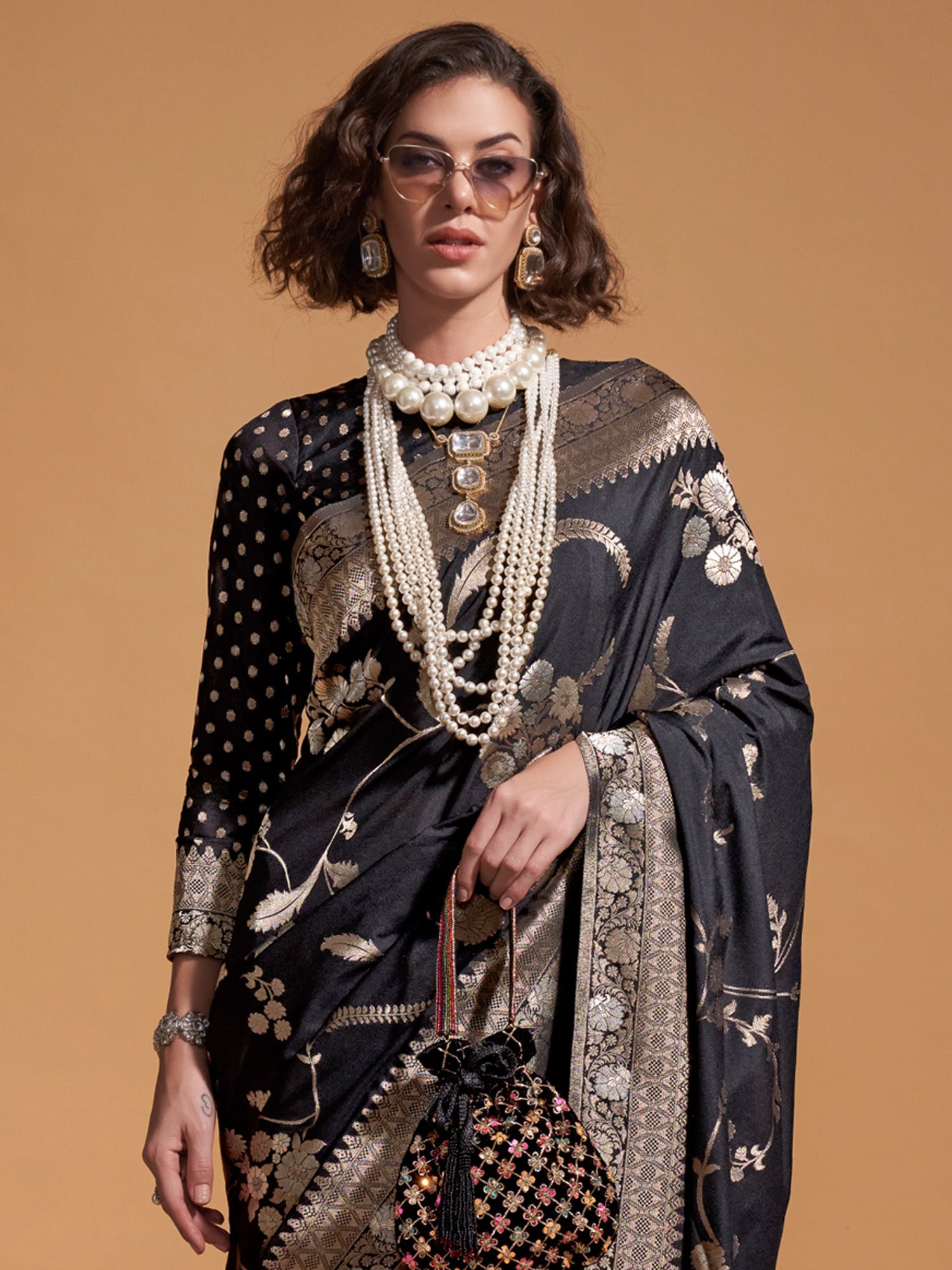 Black Silk Blend Banarasi Style Zari Weave Saree - Ressa