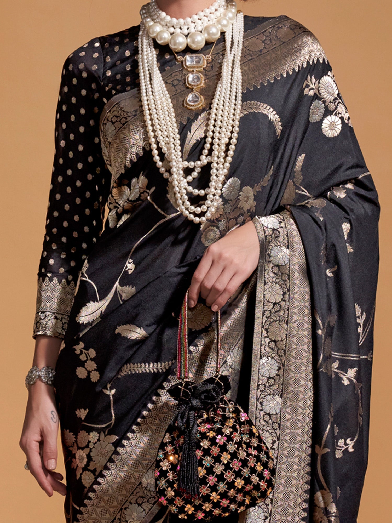 Black Silk Blend Banarasi Style Zari Weave Saree - Ressa