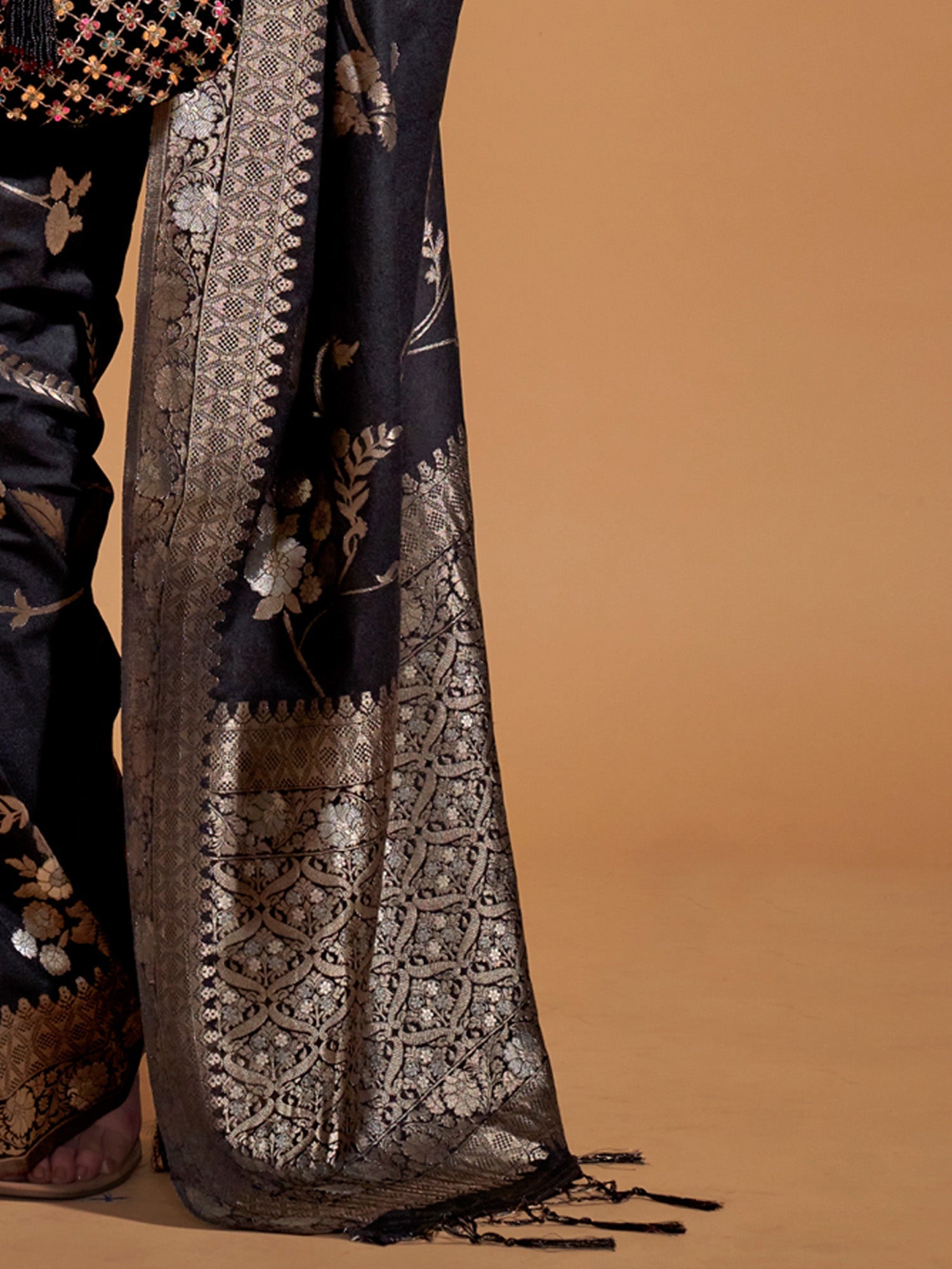 Black Silk Blend Banarasi Style Zari Weave Saree - Ressa