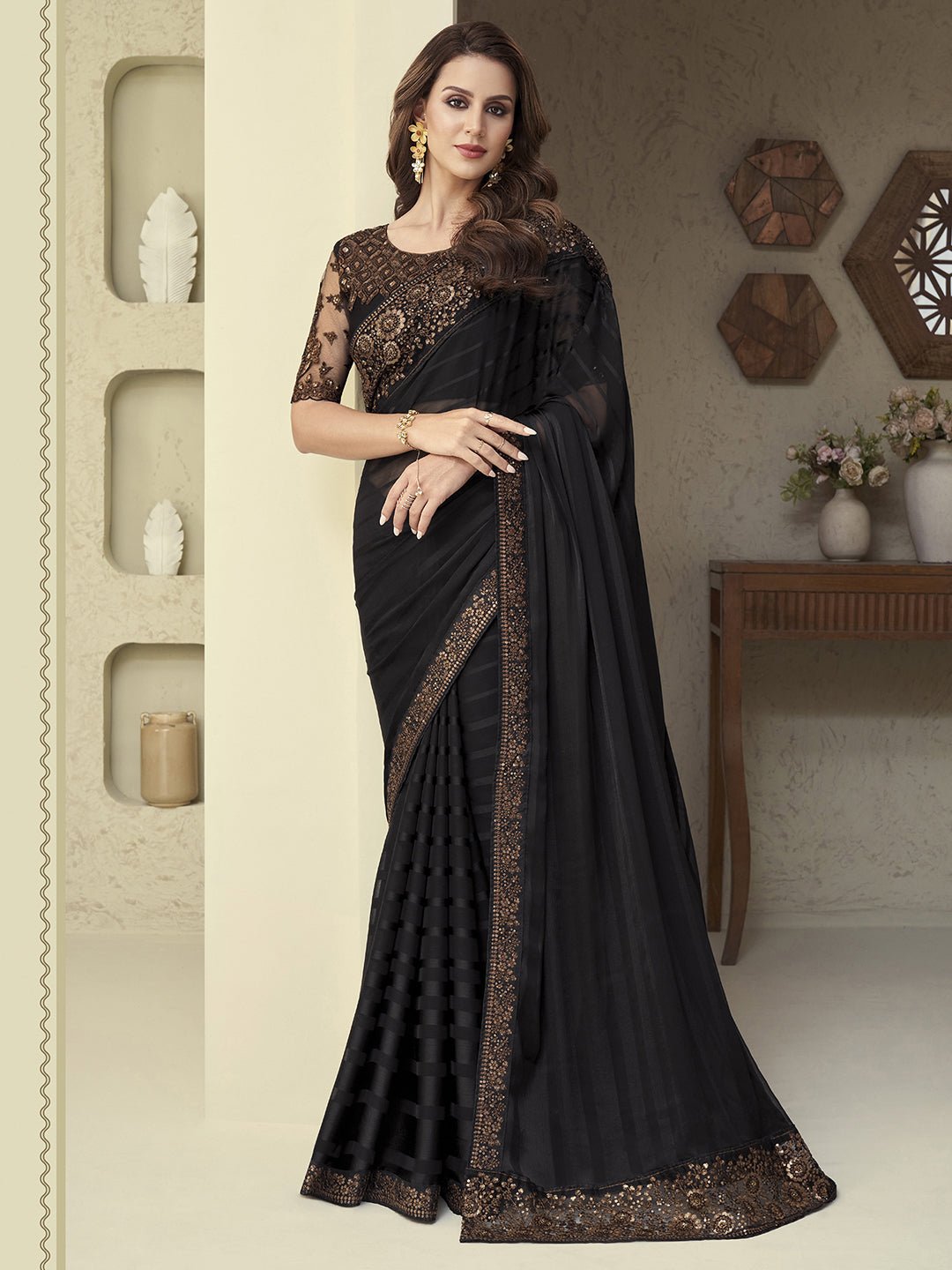 Black Silk Blend Embroidered Lace saree - Ressa
