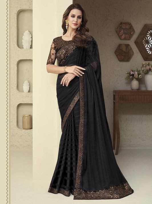 Black Silk Blend Embroidered Lace saree - Ressa