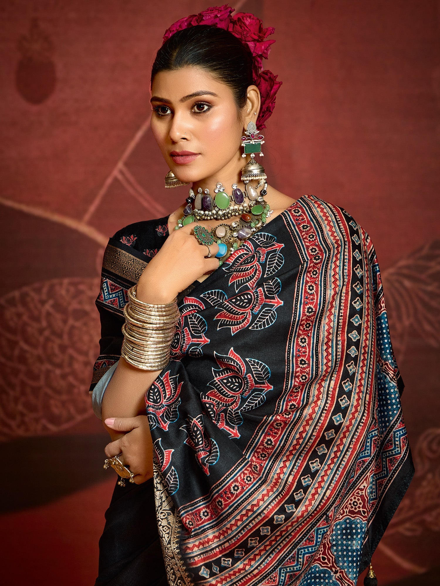 Black Silk Blend Heritage Ajrakh Print Saree - Ressa