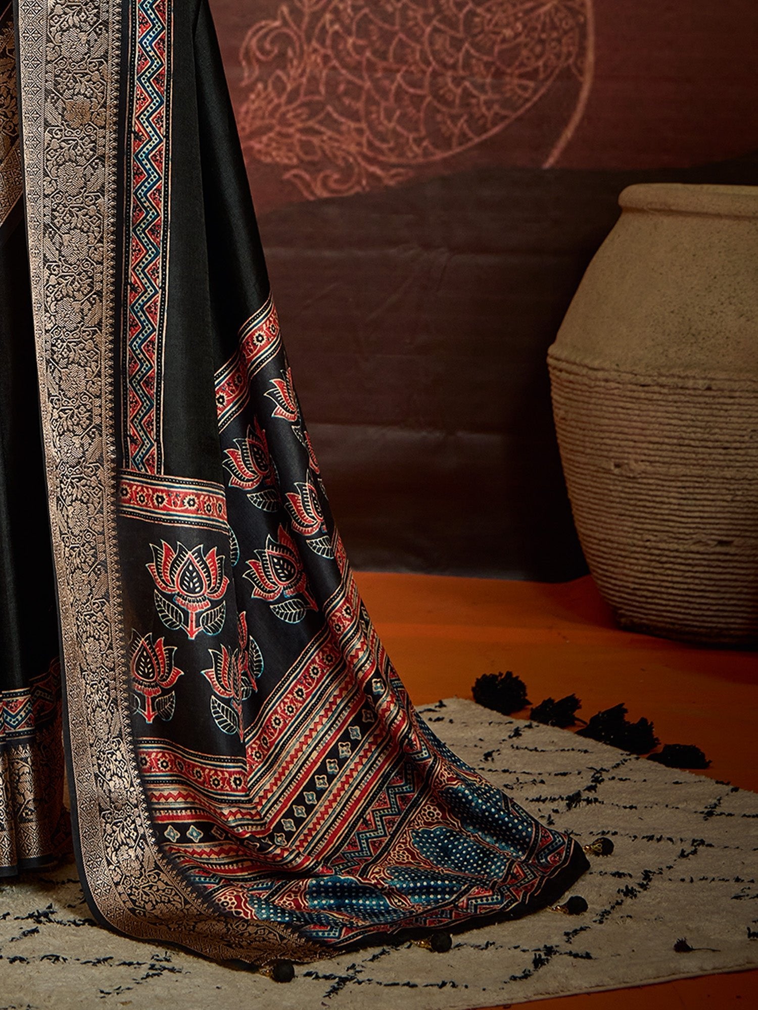 Black Silk Blend Heritage Ajrakh Print Saree - Ressa