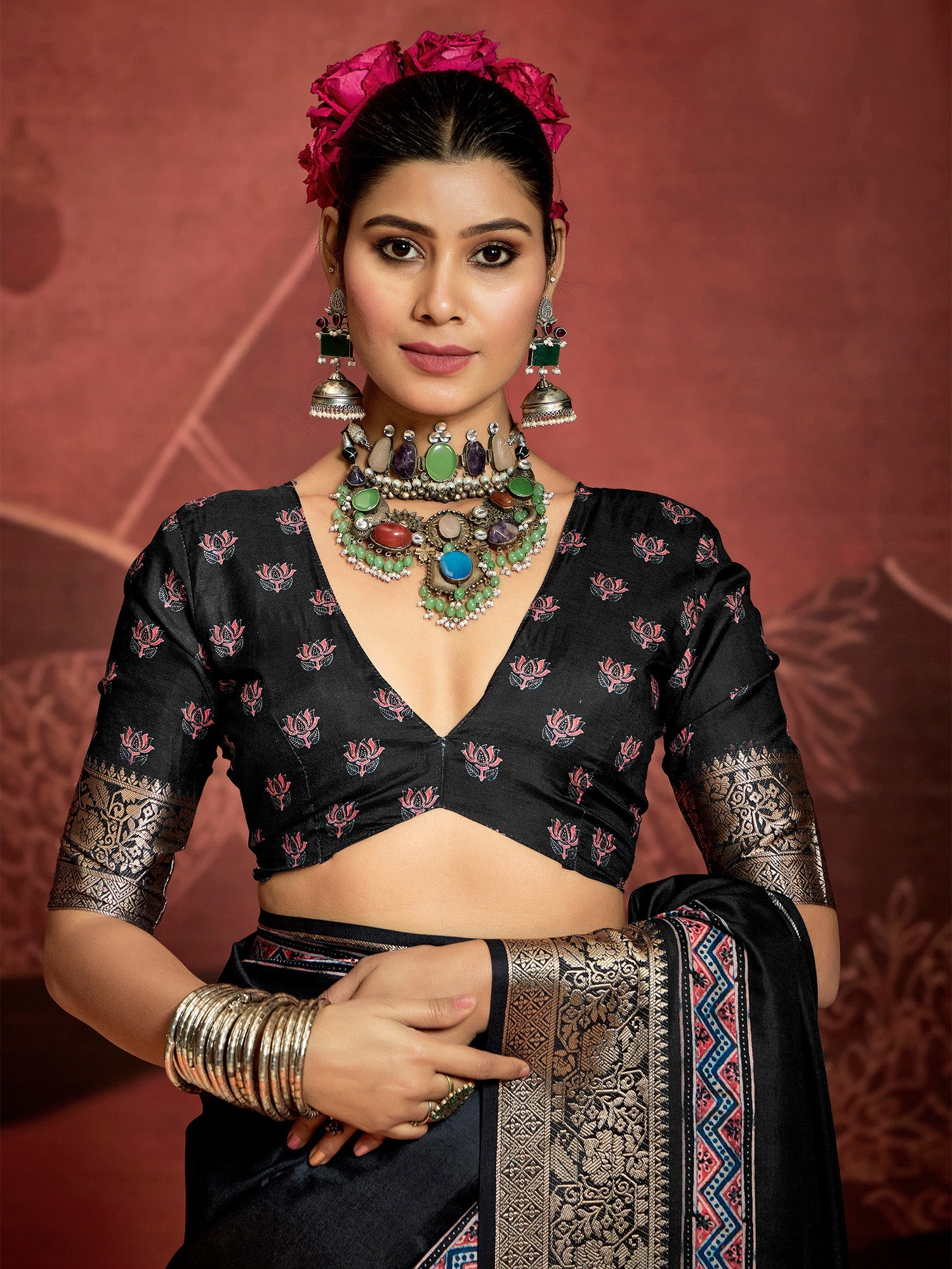 Black Silk Blend Heritage Ajrakh Print Saree - Ressa