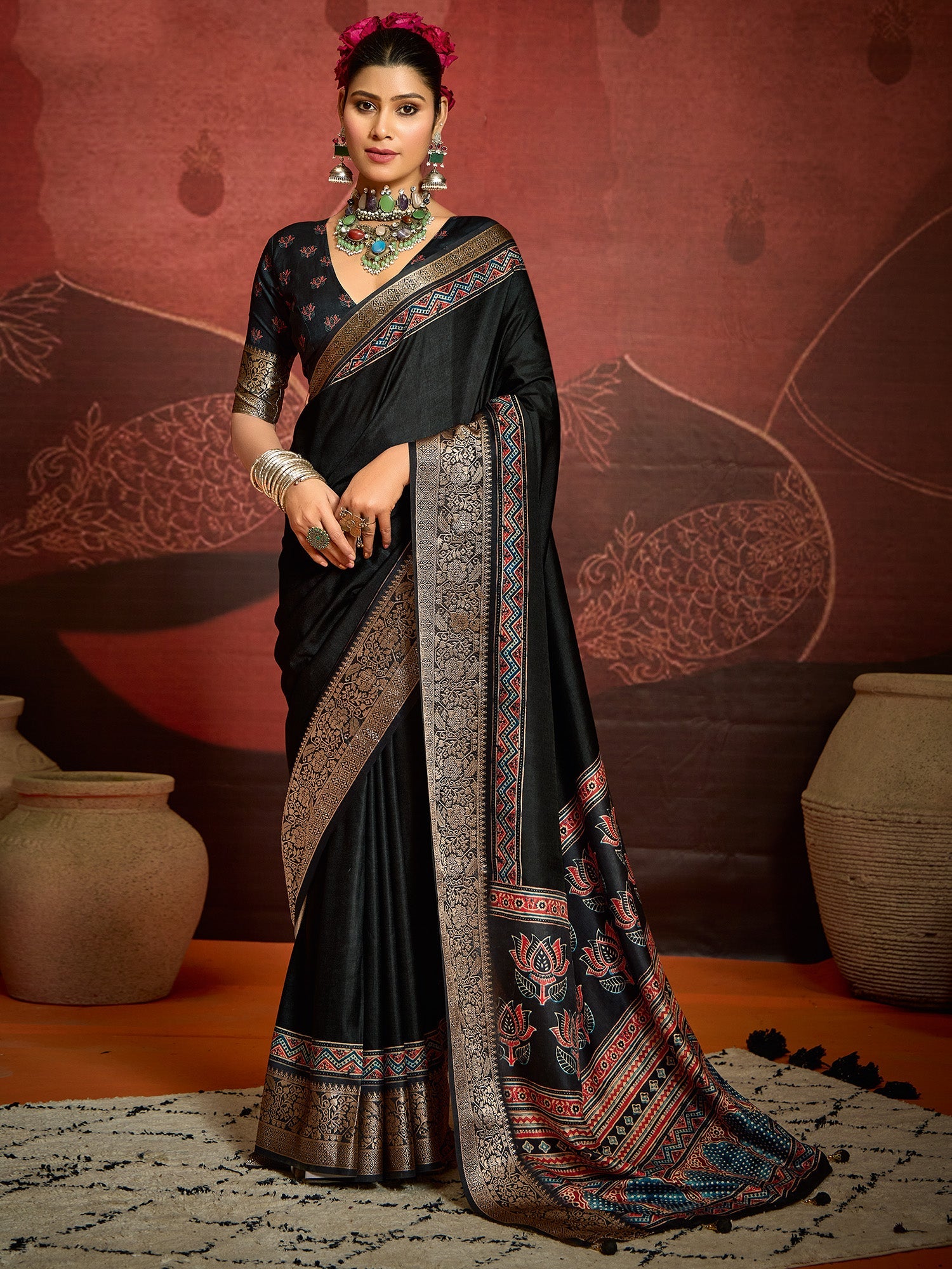 Black Silk Blend Heritage Ajrakh Print Saree - Ressa