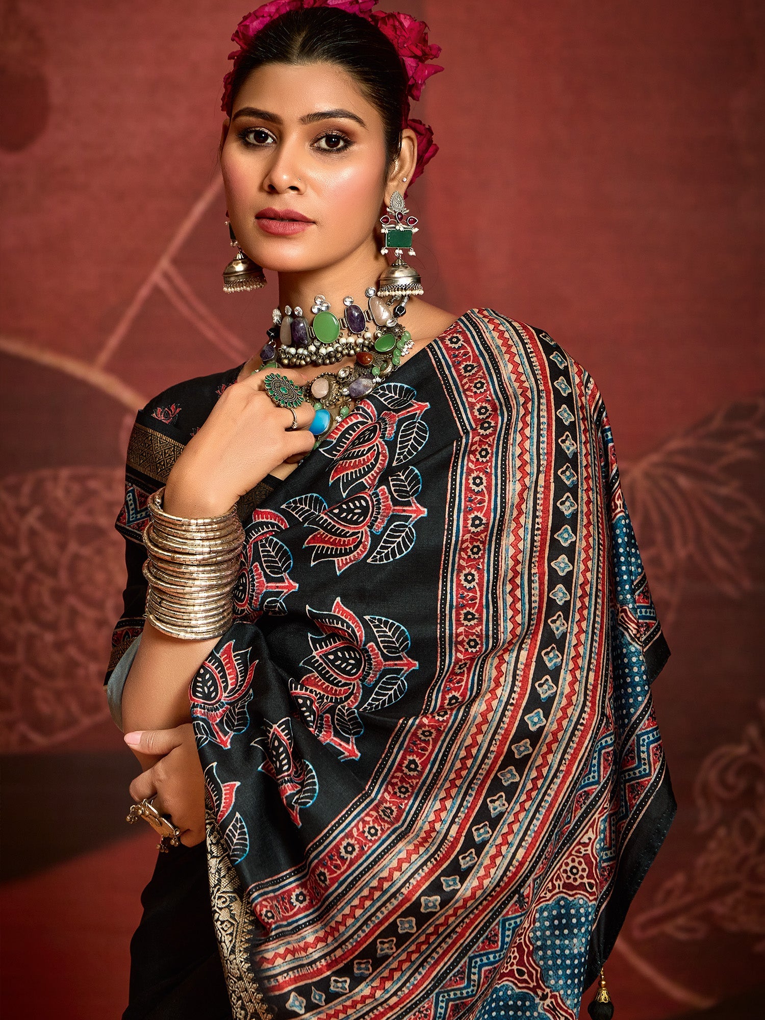 Black Silk Blend Heritage Ajrakh Print Saree - Ressa