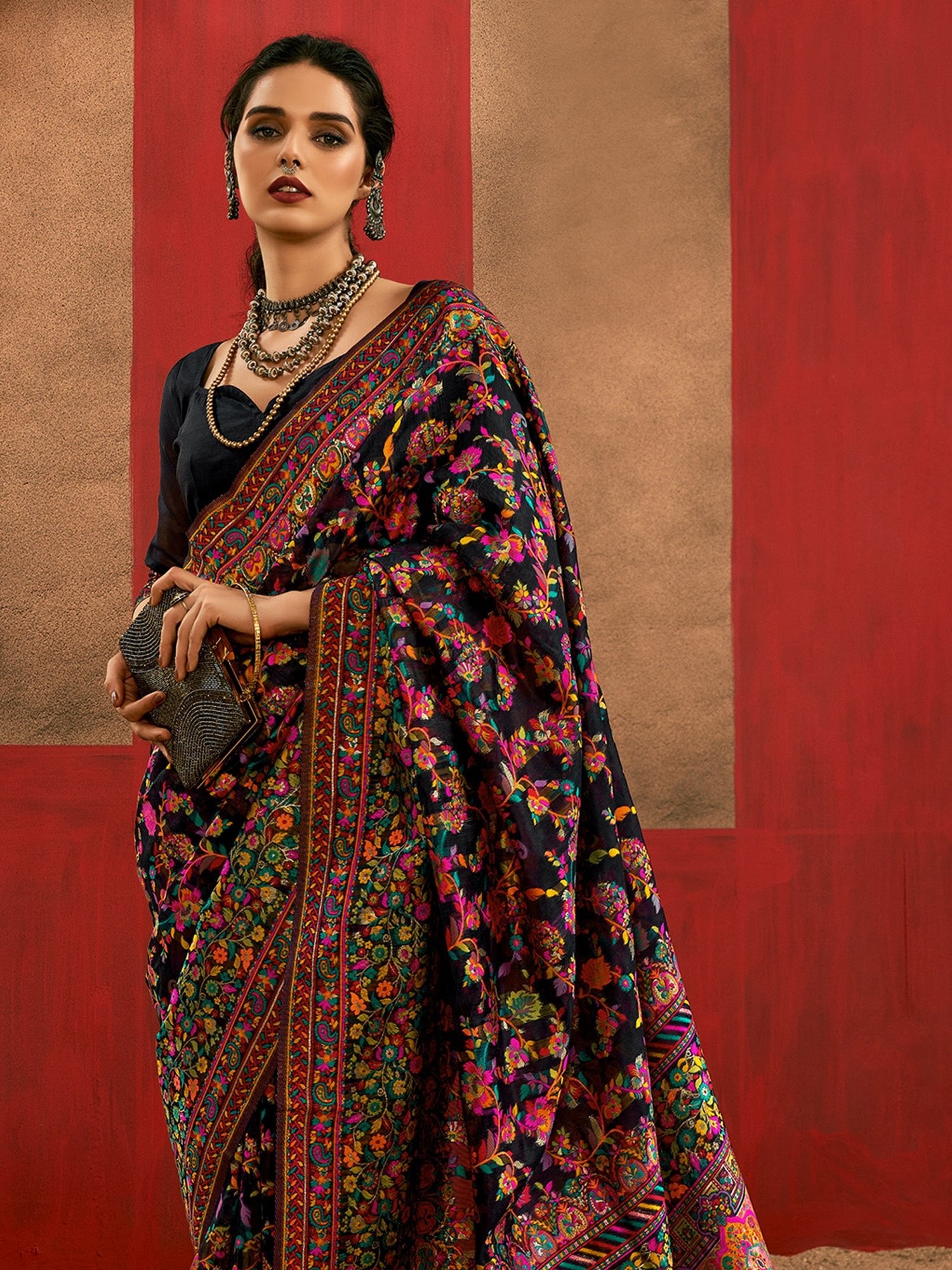 Black Silk Blend Kashmiri Saree - Ressa