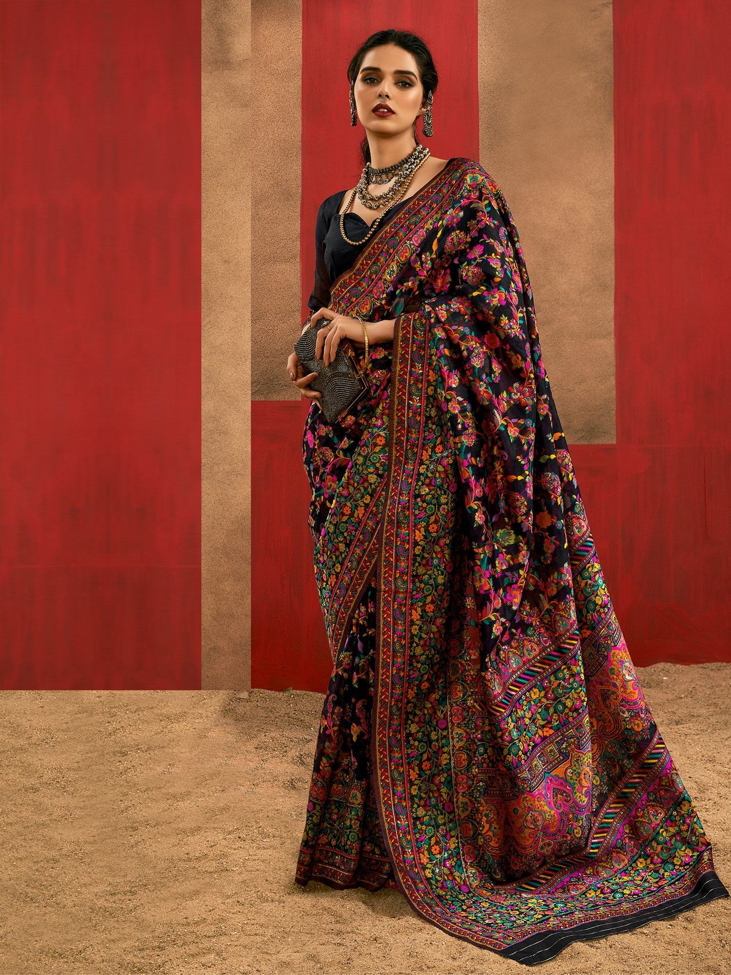 Black Silk Blend Kashmiri Saree - Ressa