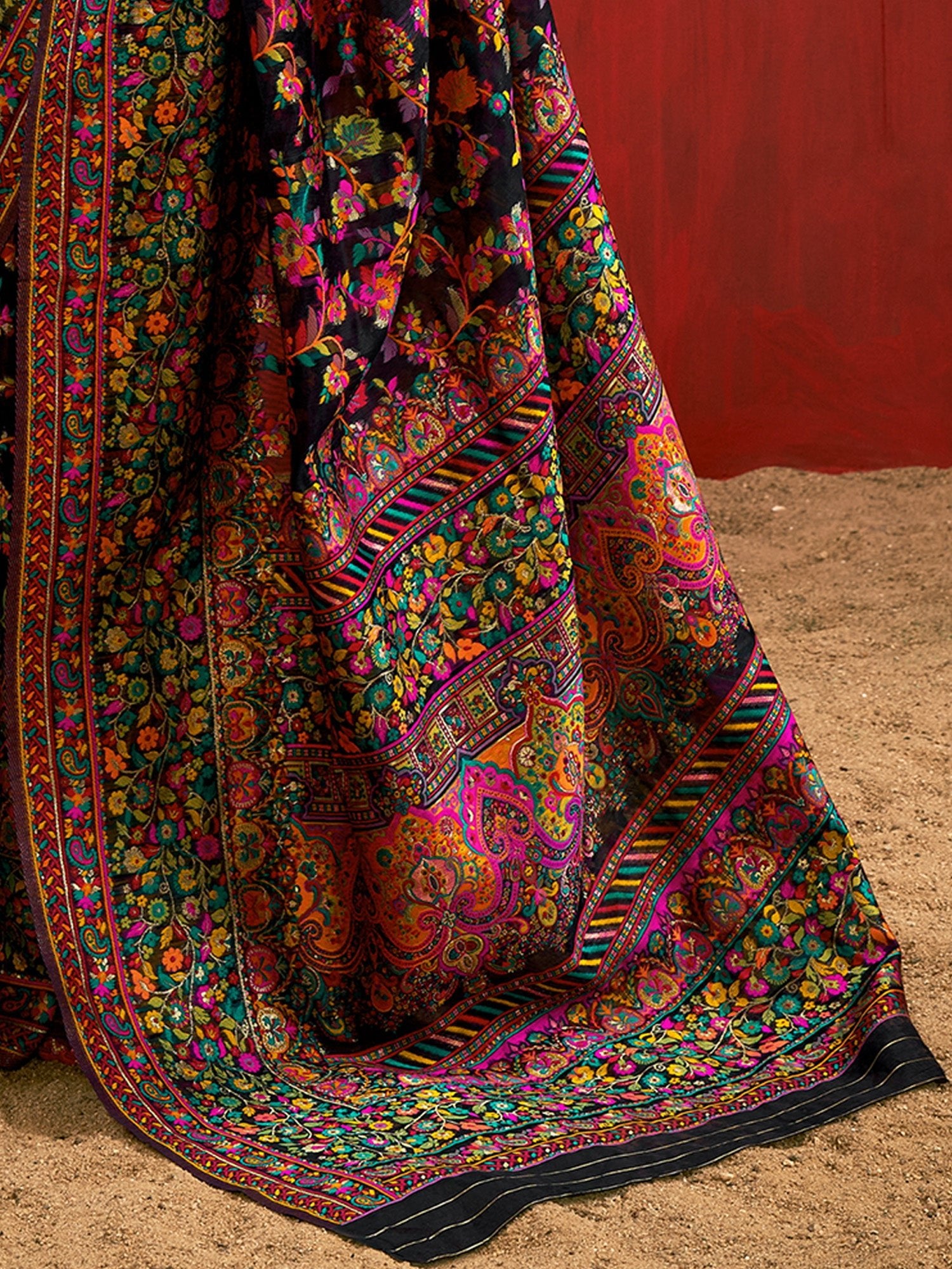 Black Silk Blend Kashmiri Saree - Ressa