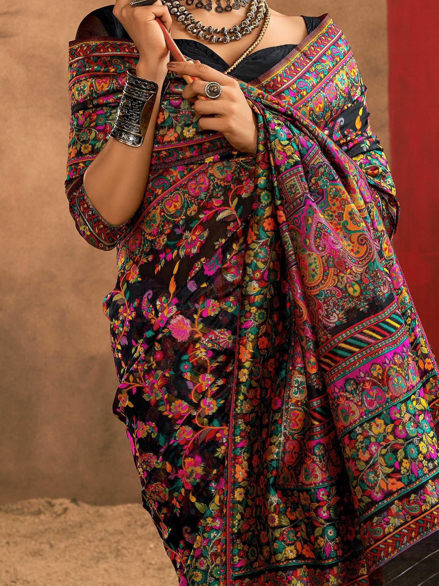Black Silk Blend Kashmiri Saree - Ressa