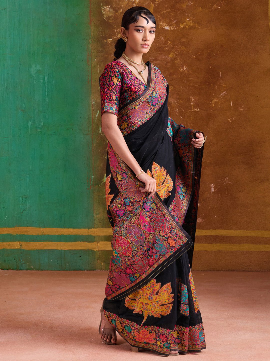 Black Silk Blend Kashmiri Style Saree - Ressa